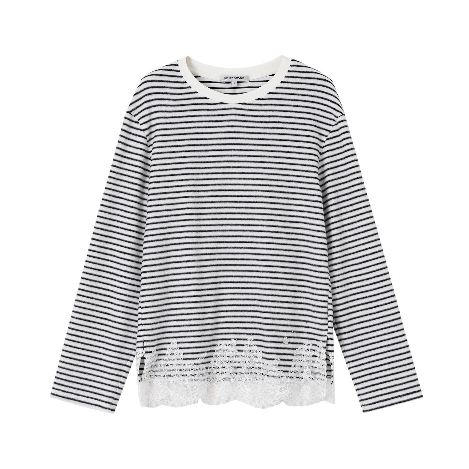 SOMESOWE Lace - trimmed Striped Long - Sleeve T-Shirt In Black and White | MADAX