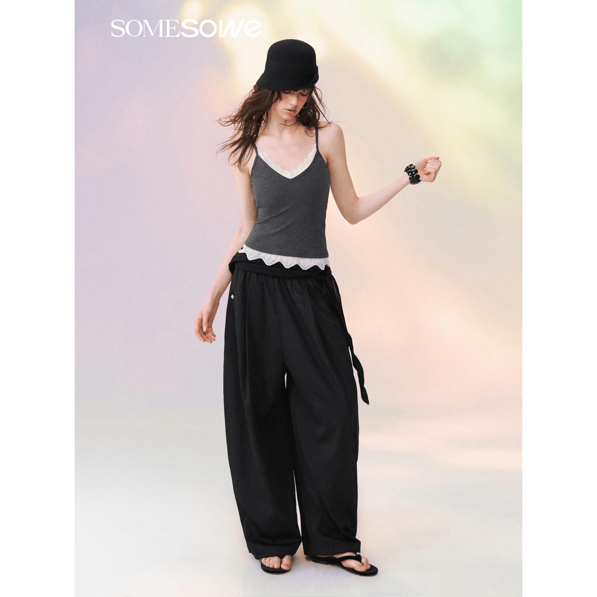 SOMESOWE Lace-trimmed V-neck Camisole in Dark Gray | MADAX