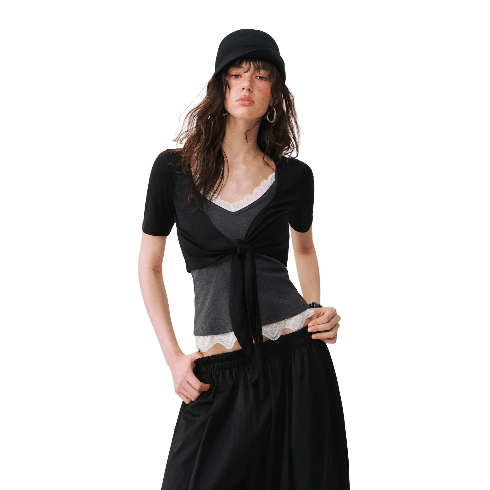 SOMESOWE Lace-trimmed V-neck Camisole in Dark Gray | MADAX
