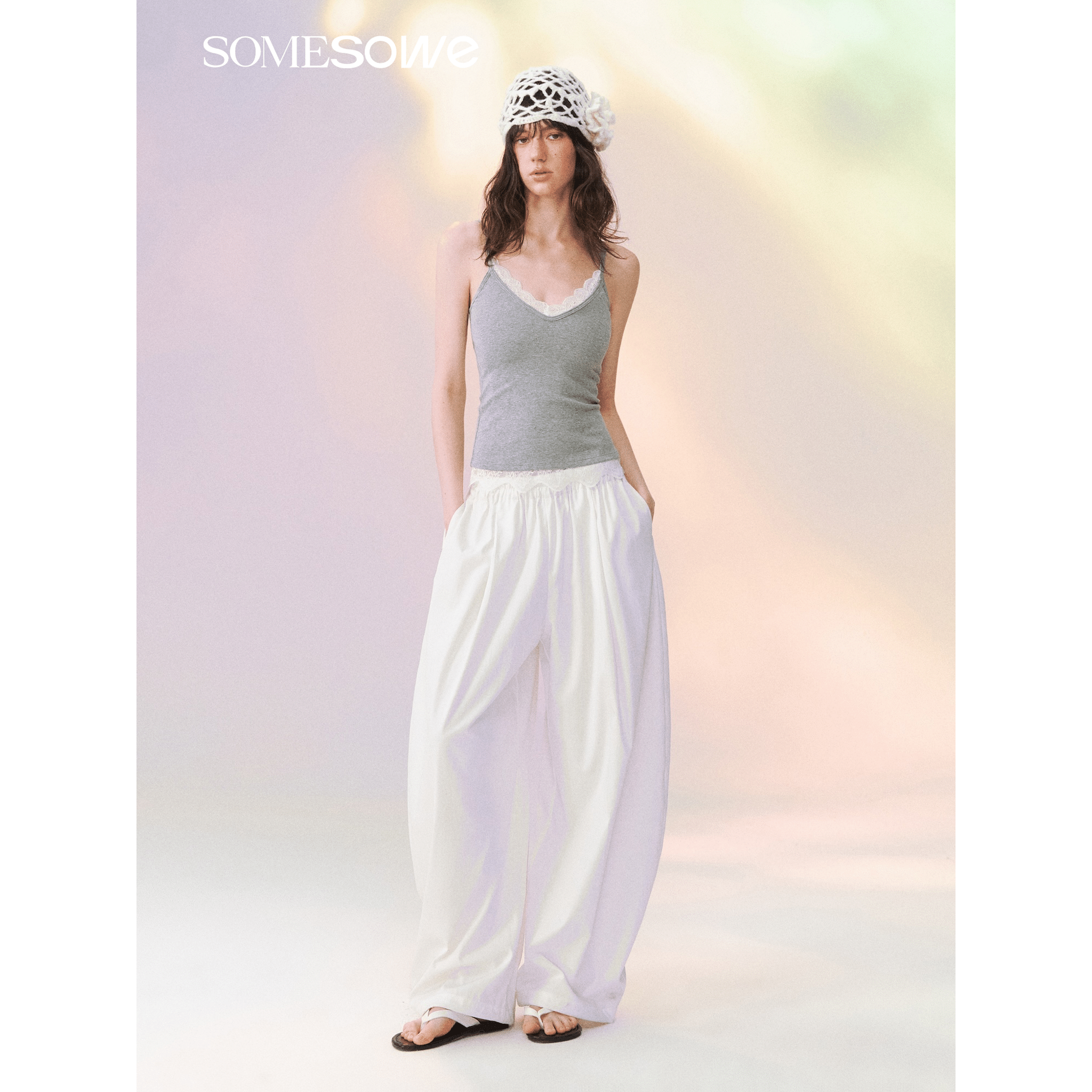 SOMESOWE Lace-trimmed V-neck Camisole in Light Gray | MADAX