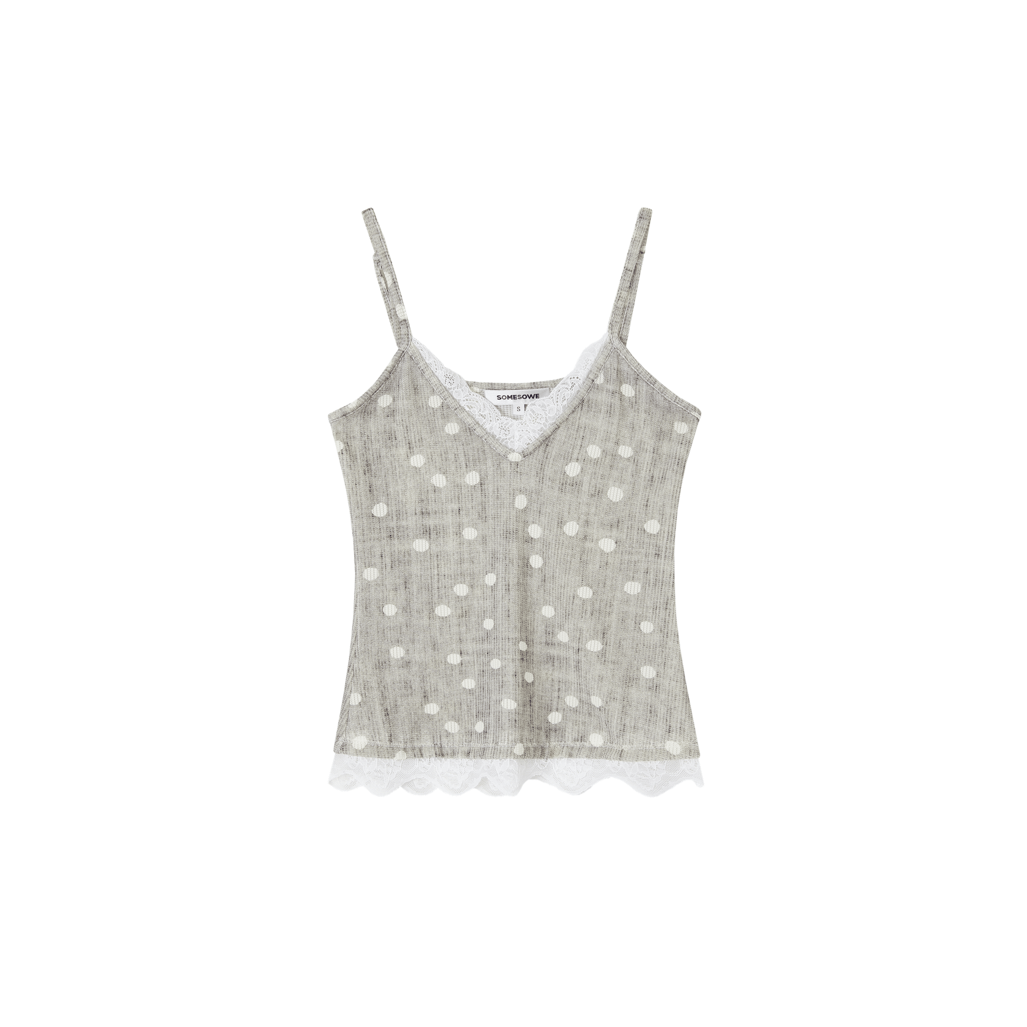 SOMESOWE Lace-trimmed V-neck Camisole with Gray Polka Dots | MADAX