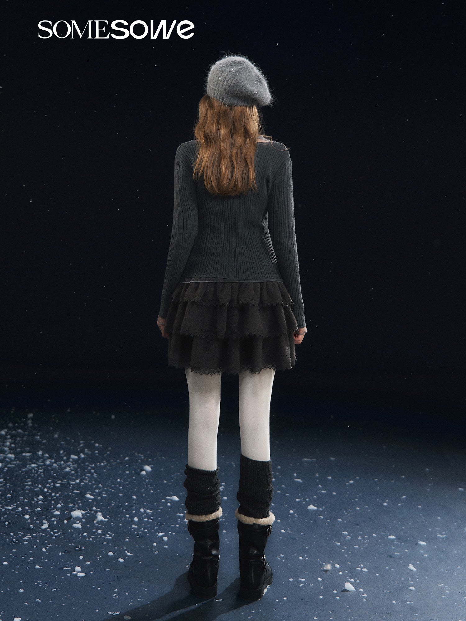 SOMESOWE Lace - trimmed Velvet Cake Skirt In Gray | MADAX