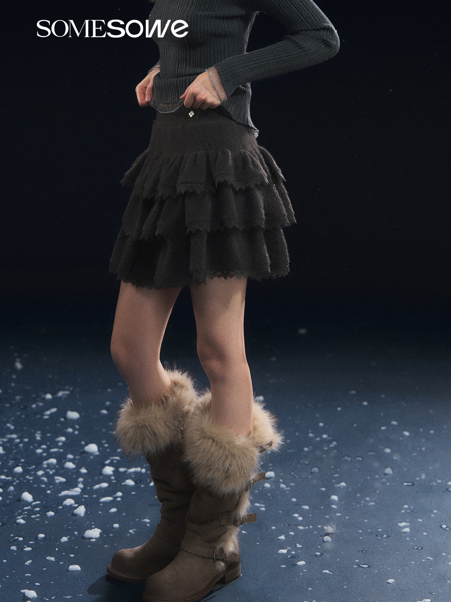 SOMESOWE Lace - trimmed Velvet Cake Skirt In Gray | MADAX