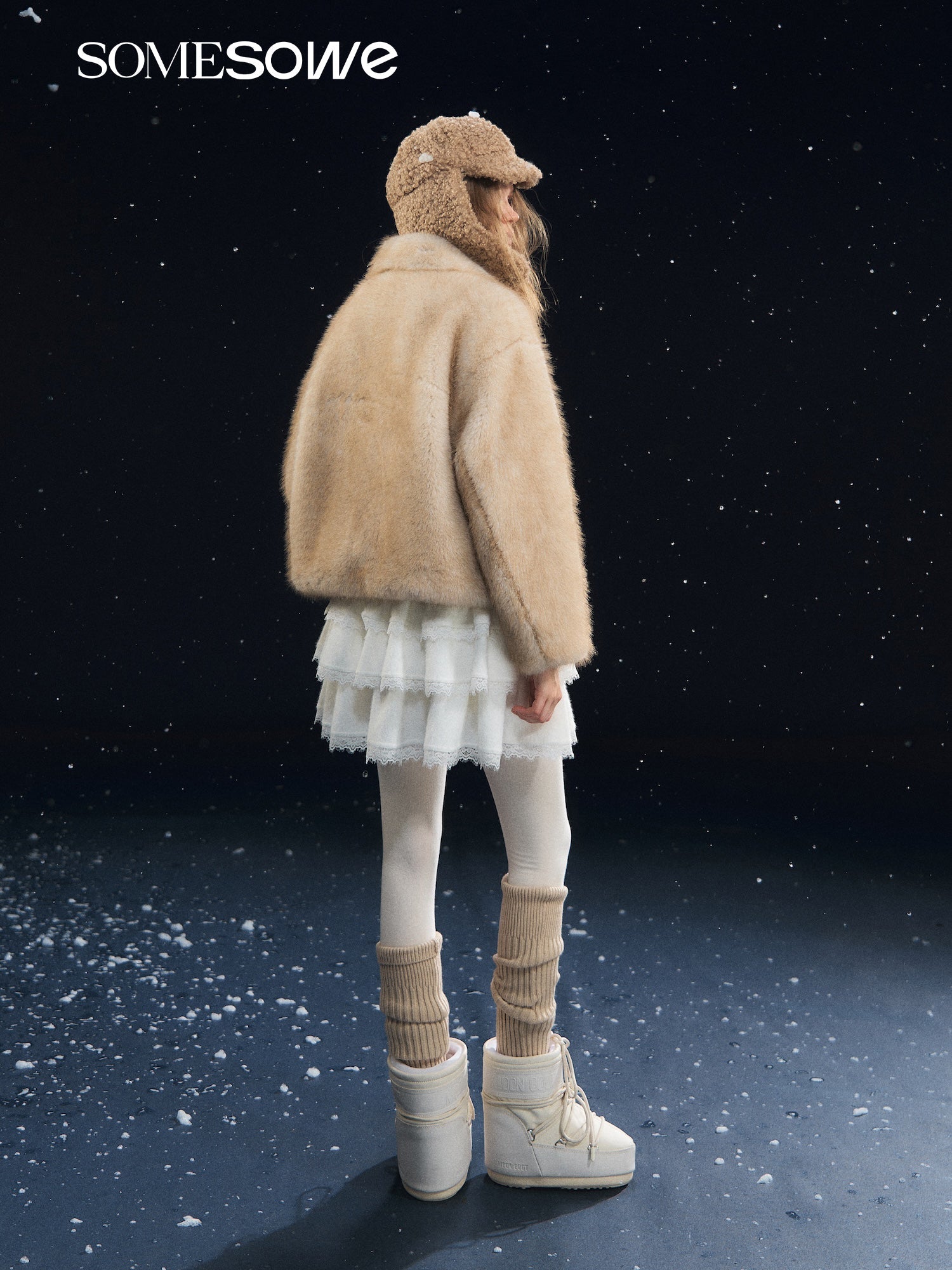 SOMESOWE Lace - up Collar Plush Coat In Beige | MADAX