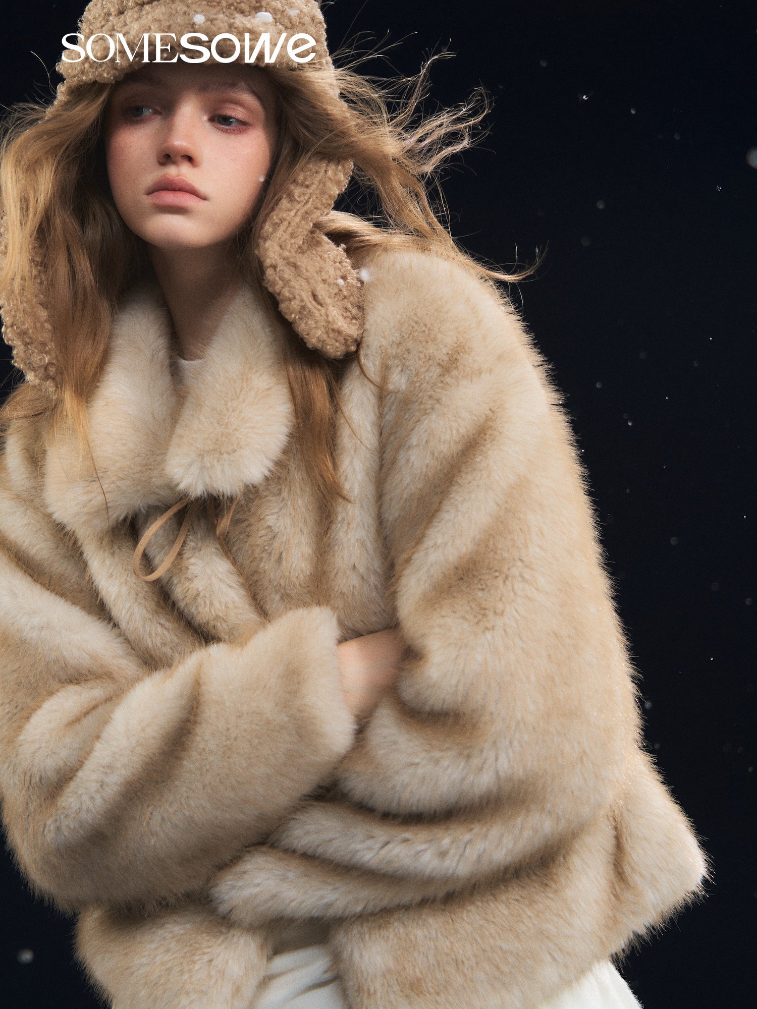 SOMESOWE Lace - up Collar Plush Coat In Beige | MADAX