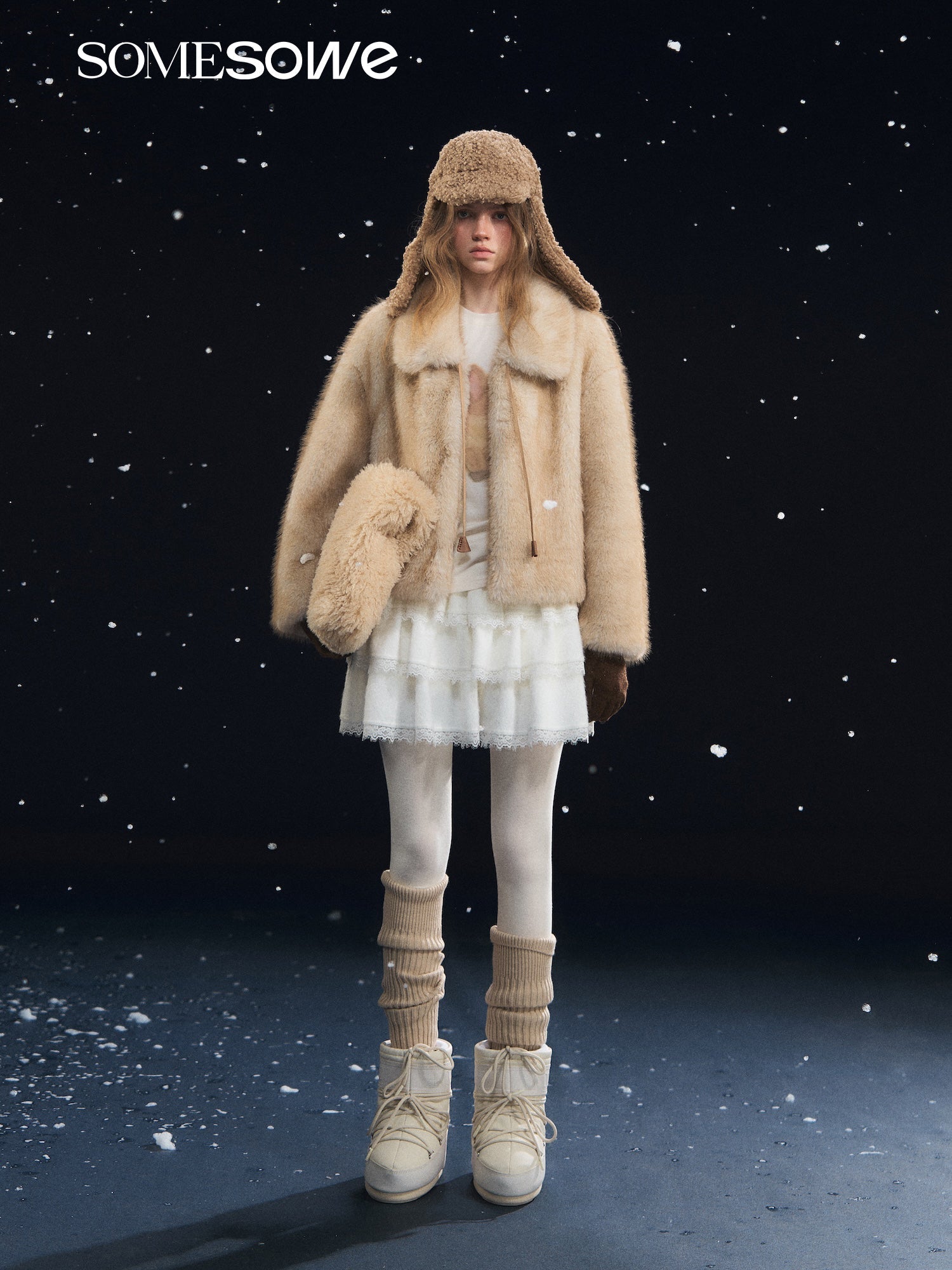 SOMESOWE Lace - up Collar Plush Coat In Beige | MADAX