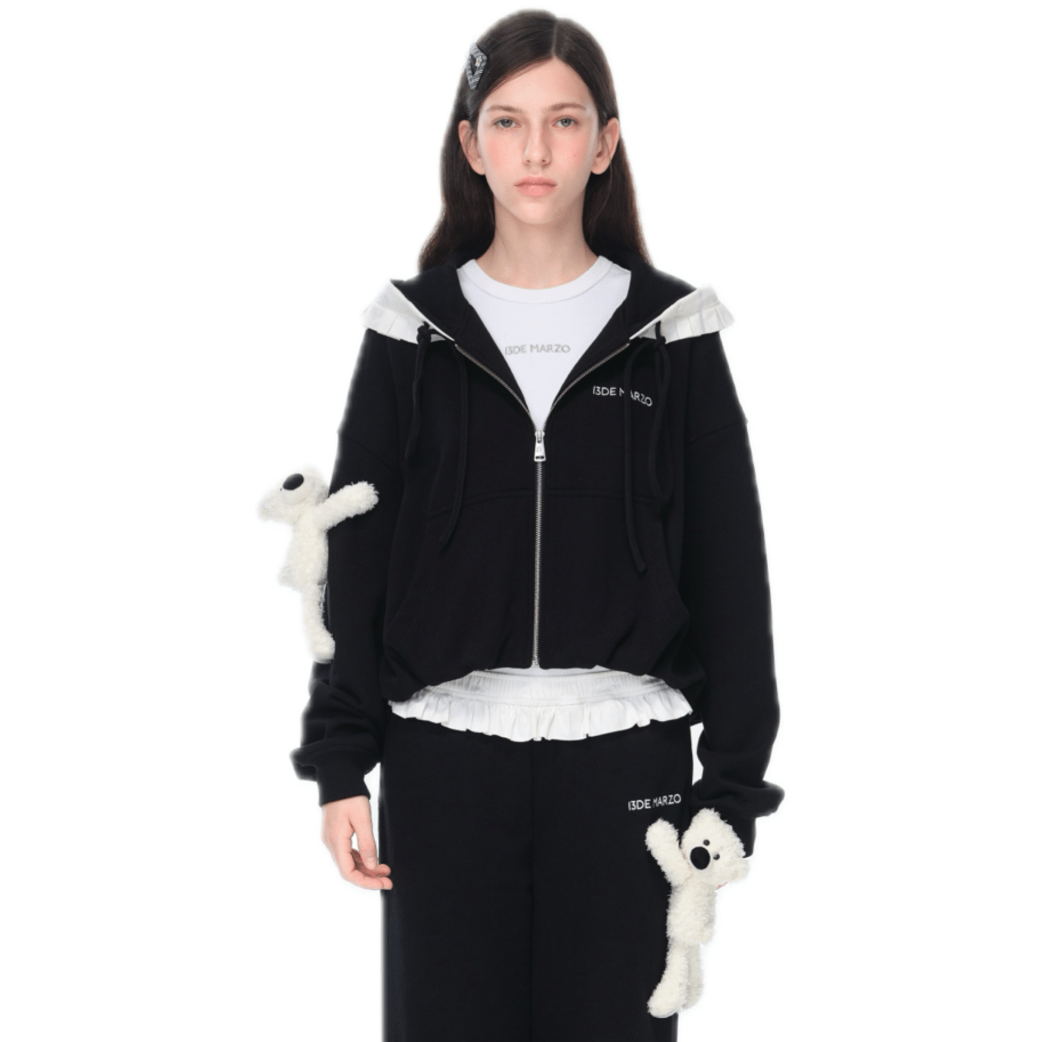 13DE MARZO Lace - up Zip - Up Hoodie in Black | MADAX