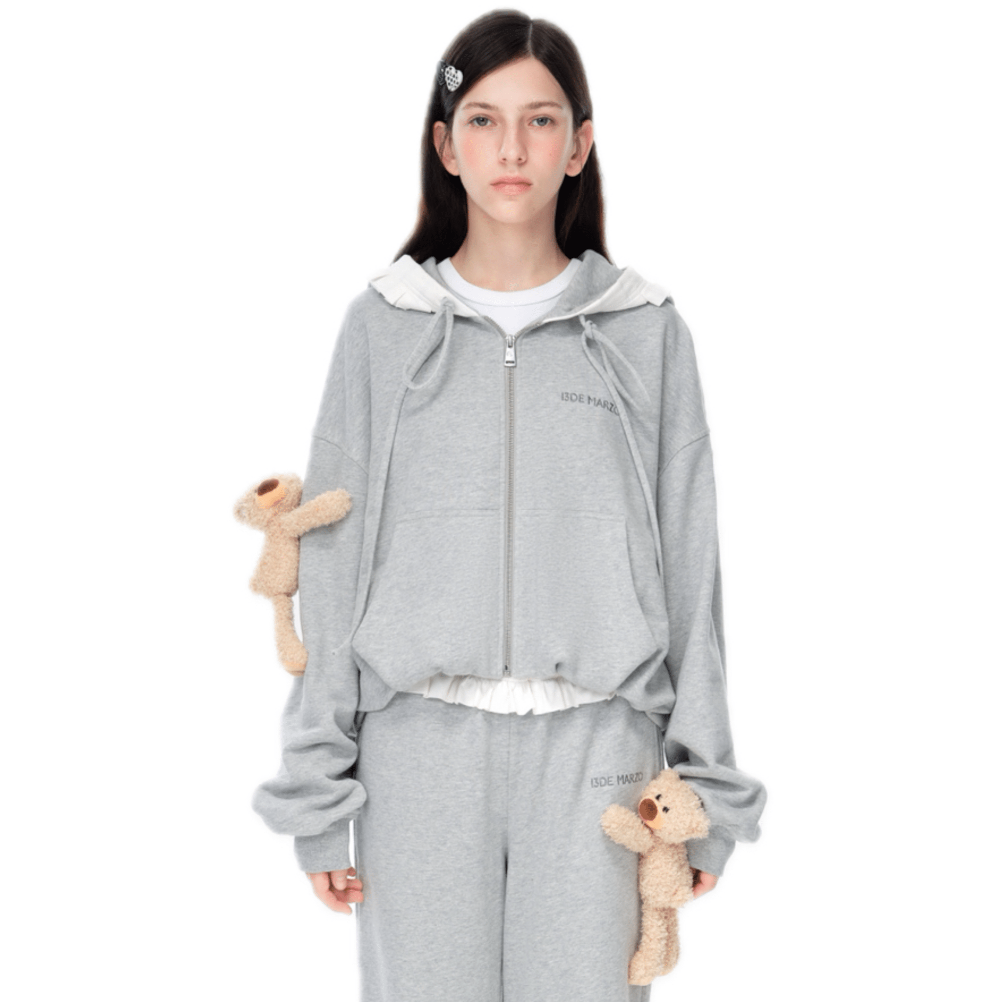 13DE MARZO Lace - up Zip - Up Hoodie in Gray | MADAX