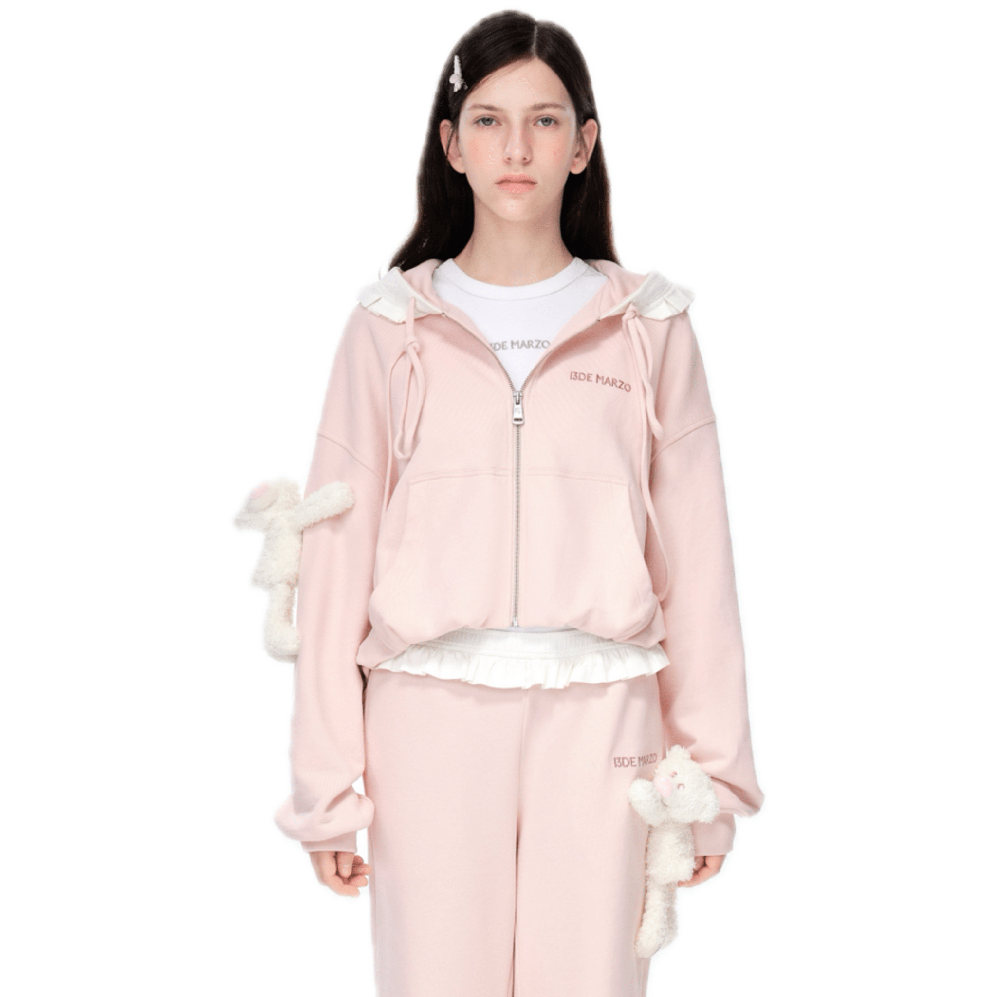 13DE MARZO Lace - up Zip - Up Hoodie in Pink | MADAX