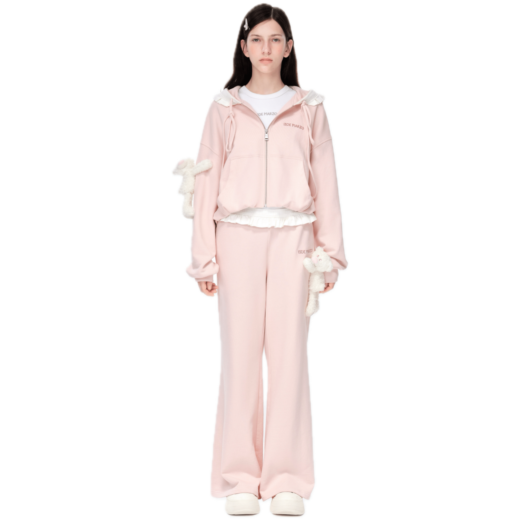 13DE MARZO Lace - up Zip - Up Hoodie in Pink | MADAX