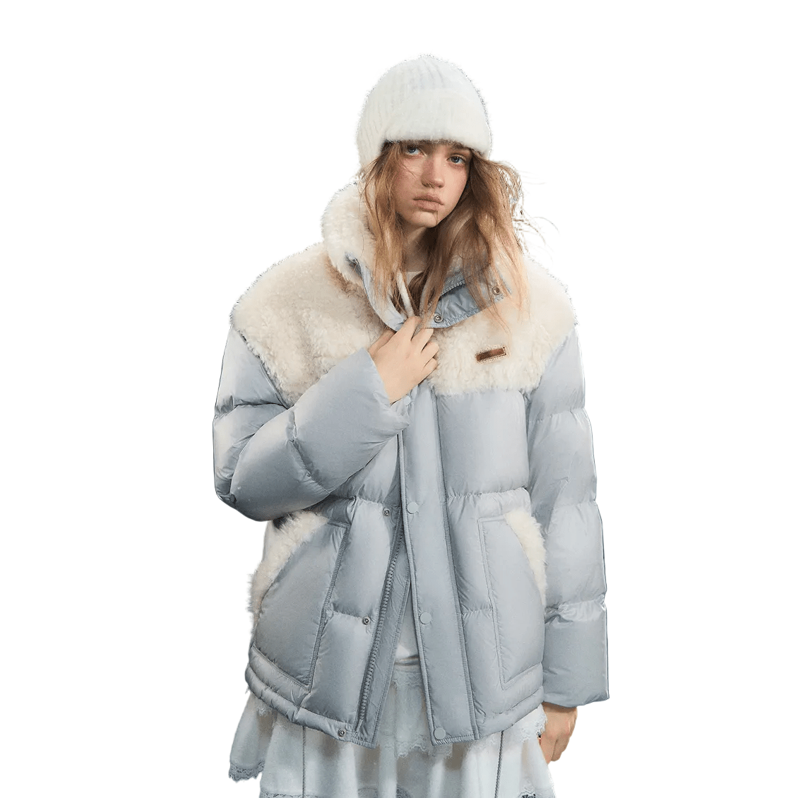 SOMESOWE Lambswool Patchwork Stand Collar Down Jacket In Gray and White | MADAX