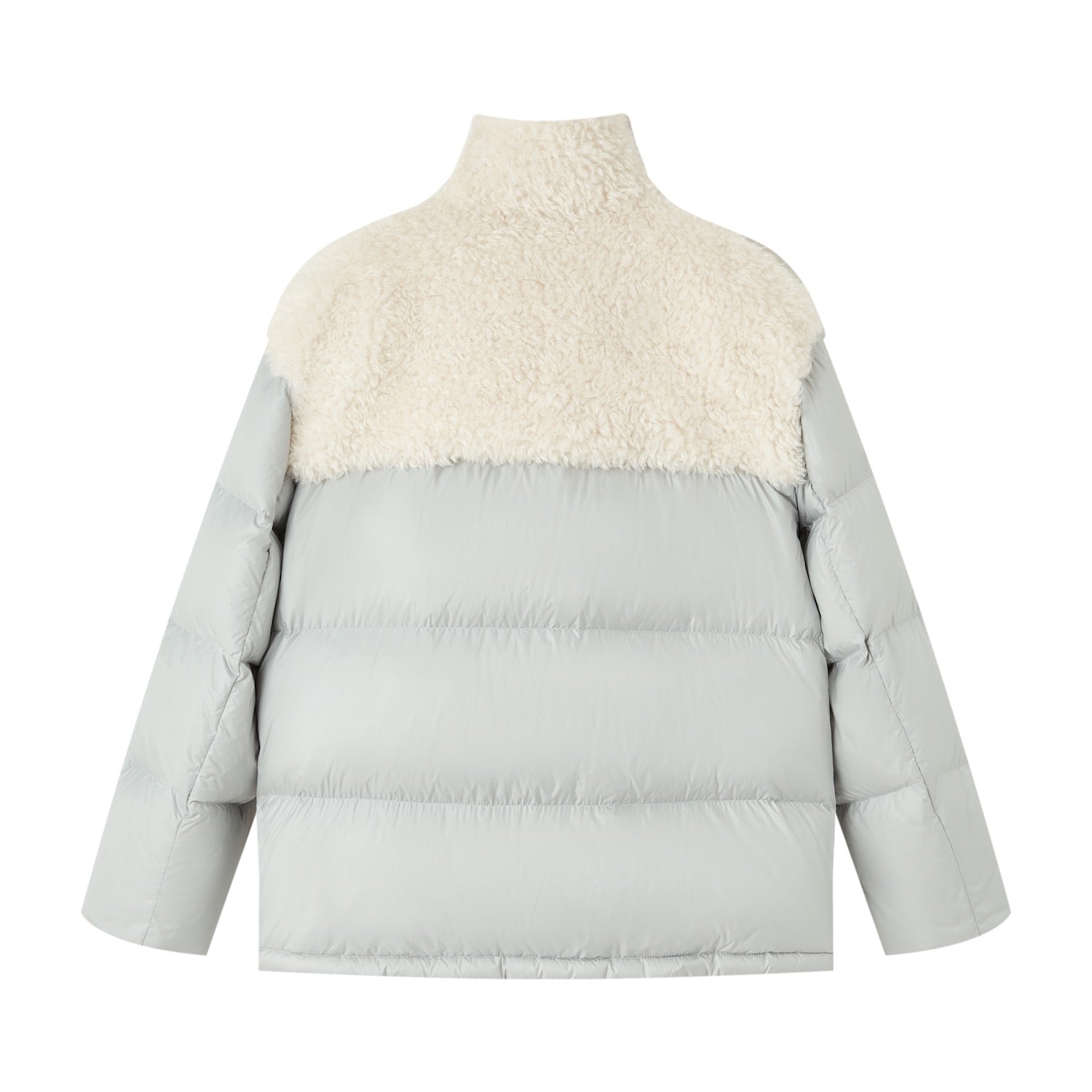 SOMESOWE Lambswool Patchwork Stand Collar Down Jacket In Gray and White | MADAX
