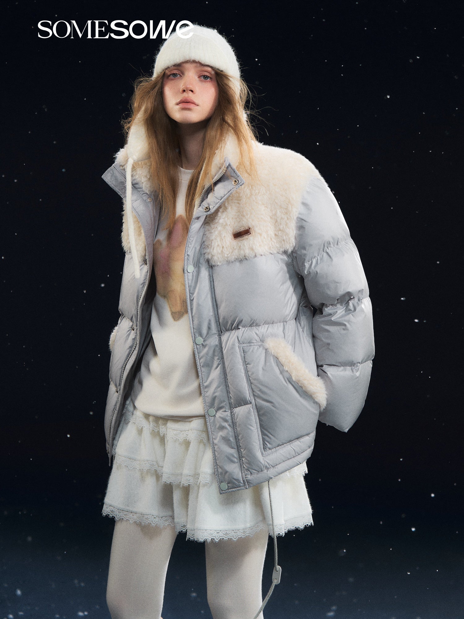 SOMESOWE Lambswool Patchwork Stand Collar Down Jacket In Gray and White | MADAX