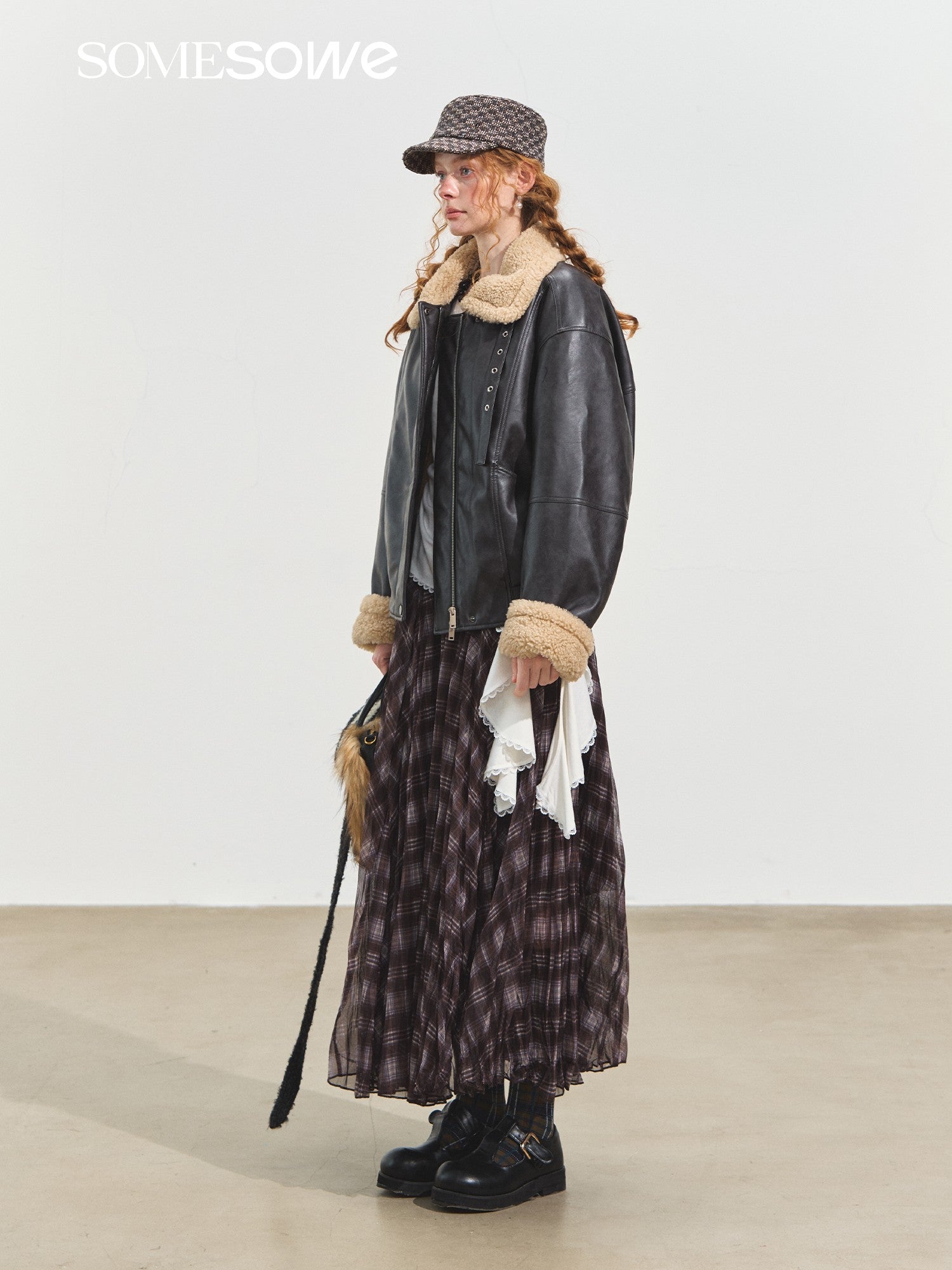 SOMESOWE Lapel Lambswool Motorcycle Leather Jacket In Black | MADAX