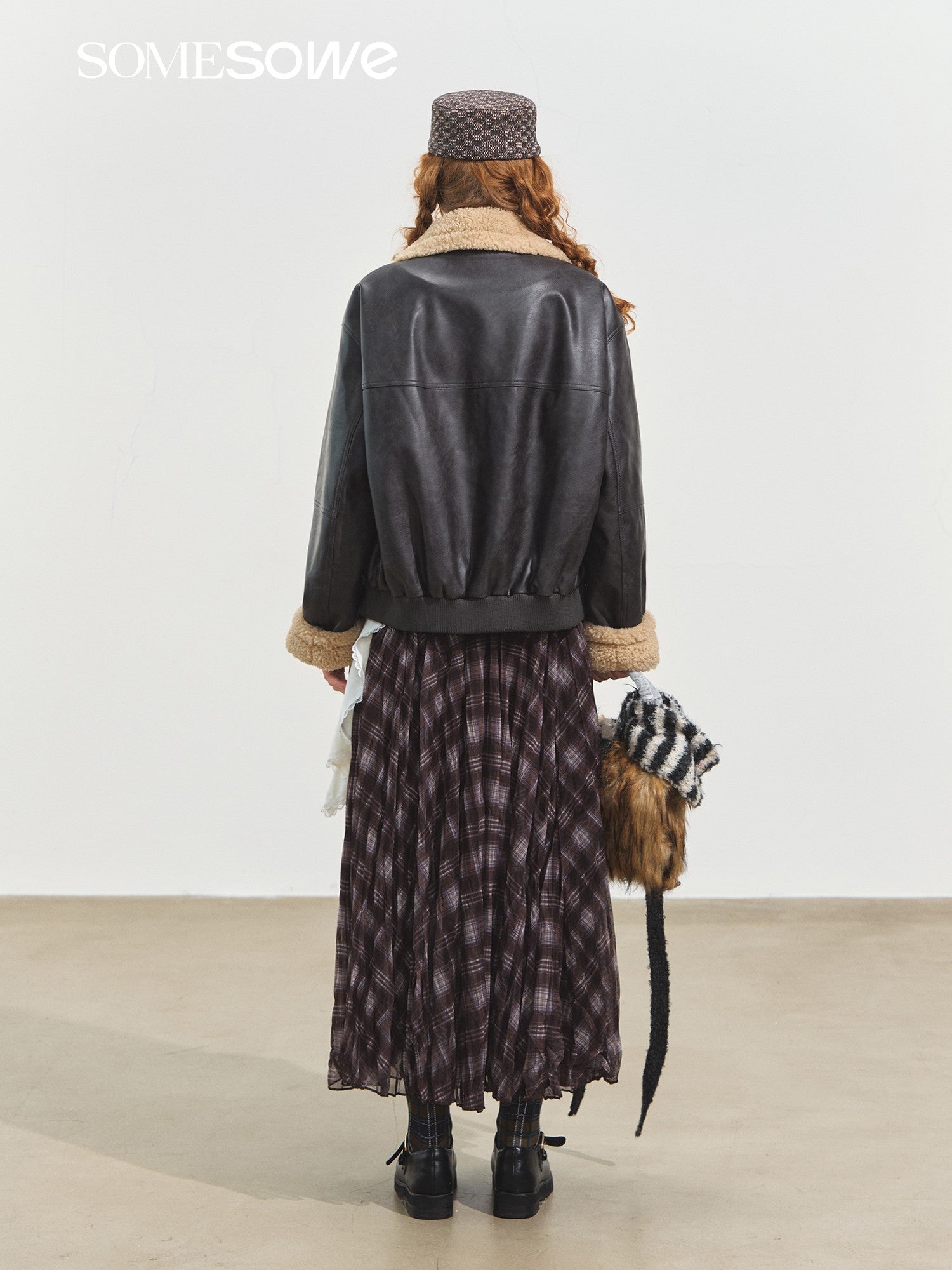 SOMESOWE Lapel Lambswool Motorcycle Leather Jacket In Black | MADAX