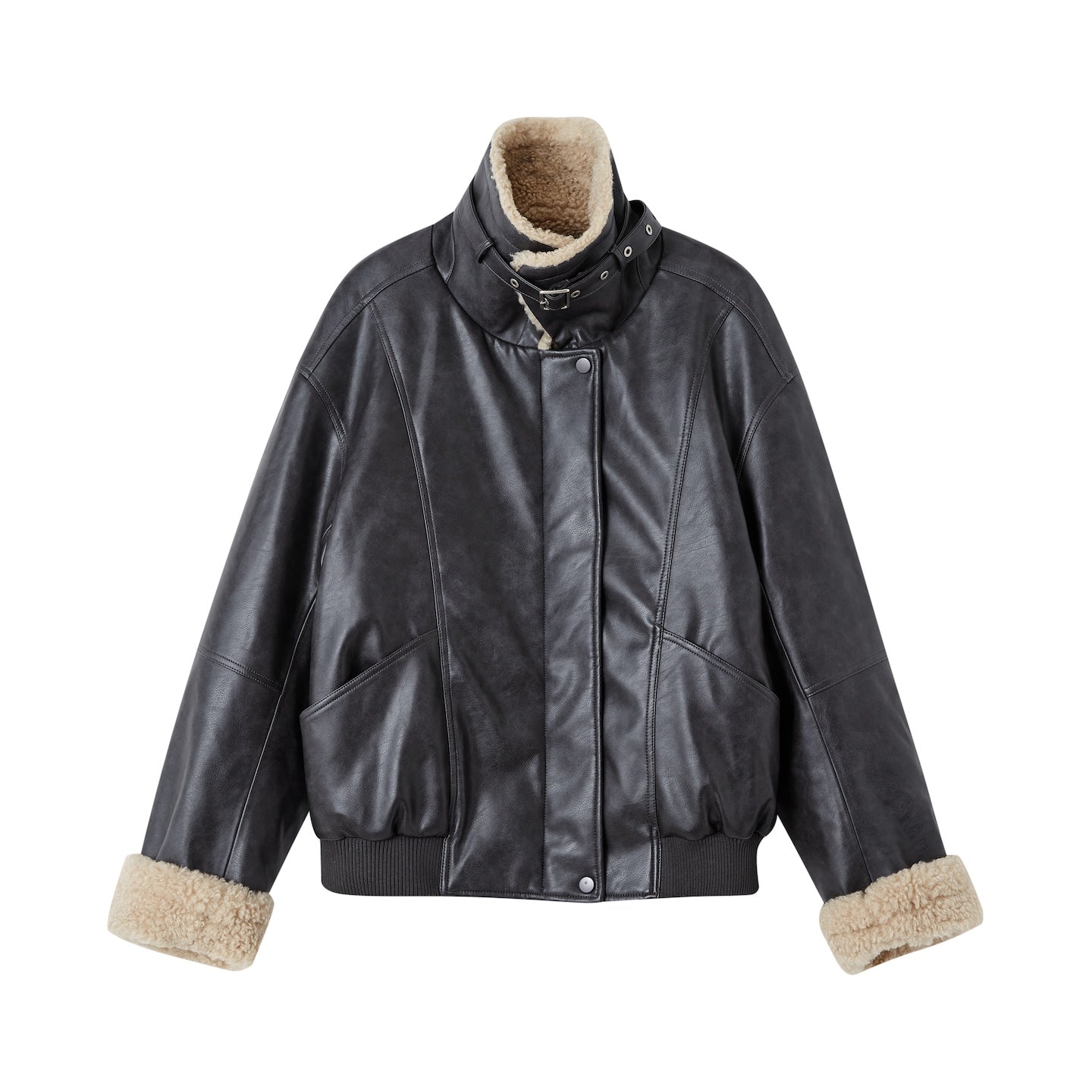 SOMESOWE Lapel Lambswool Motorcycle Leather Jacket In Black | MADAX