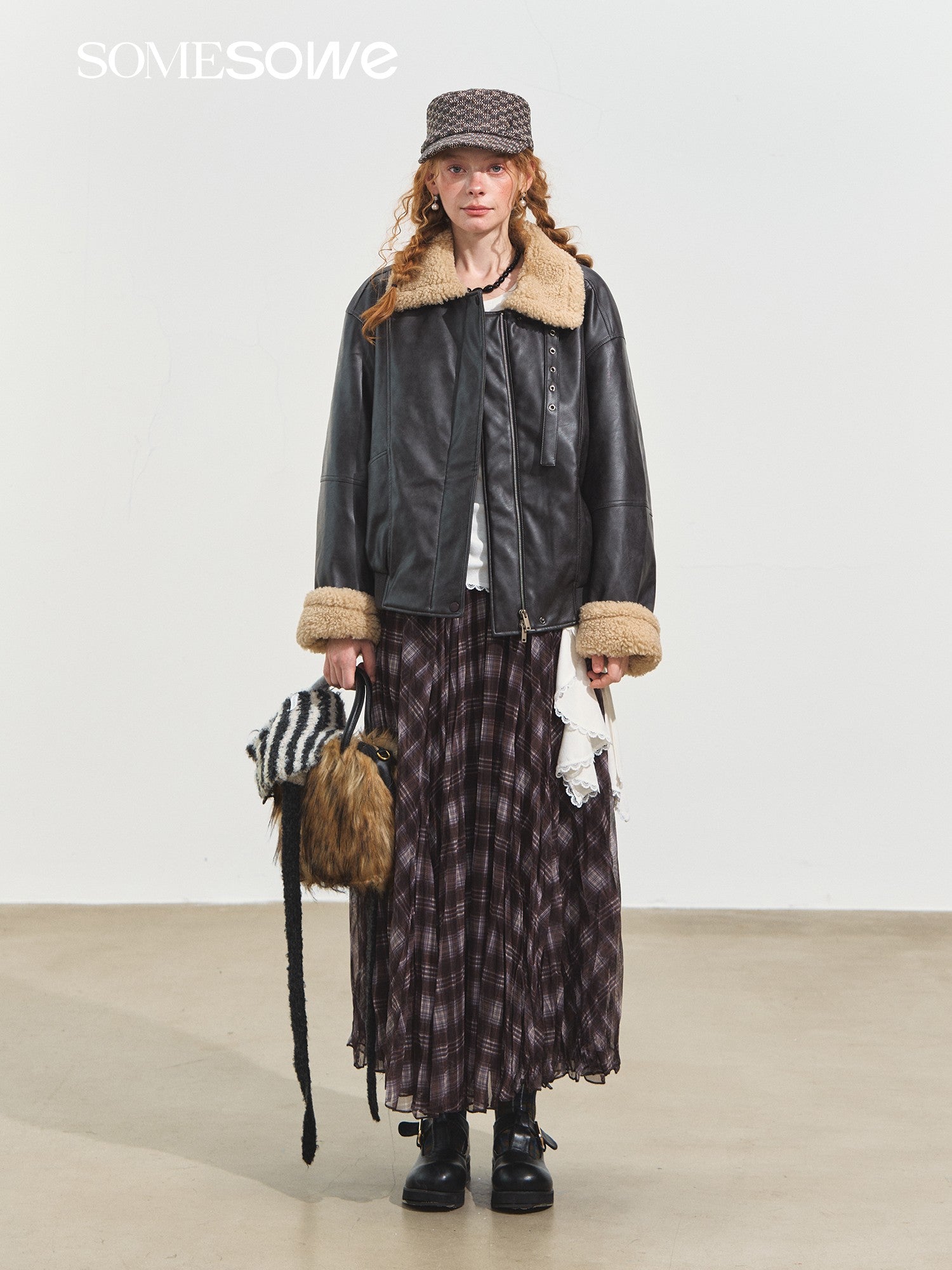 SOMESOWE Lapel Lambswool Motorcycle Leather Jacket In Black | MADAX