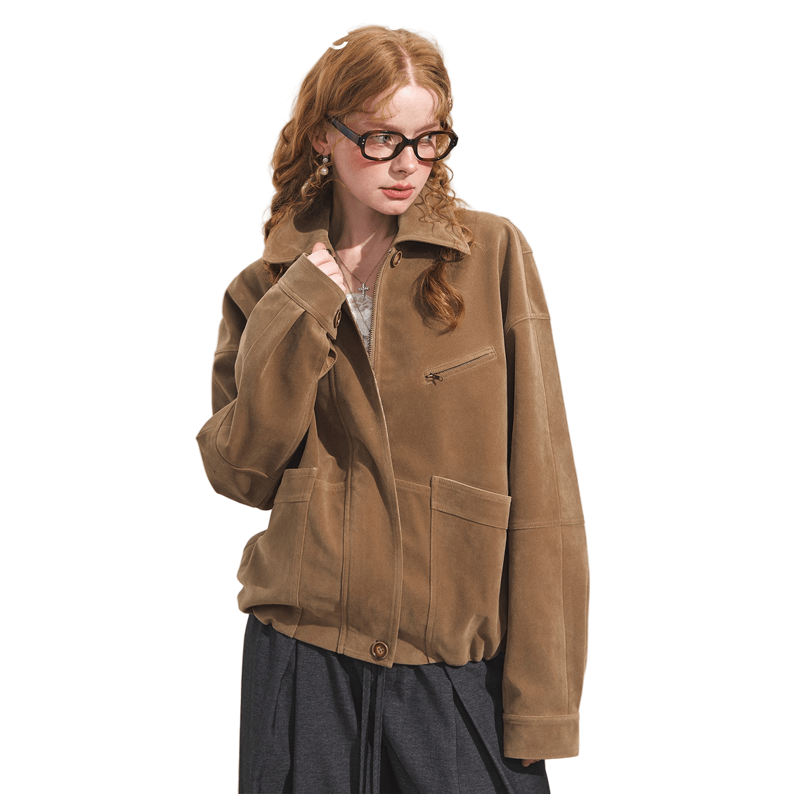 SOMESOWE Lapel Velvet Suede Oversized Jacket In Light Brown | MADAX