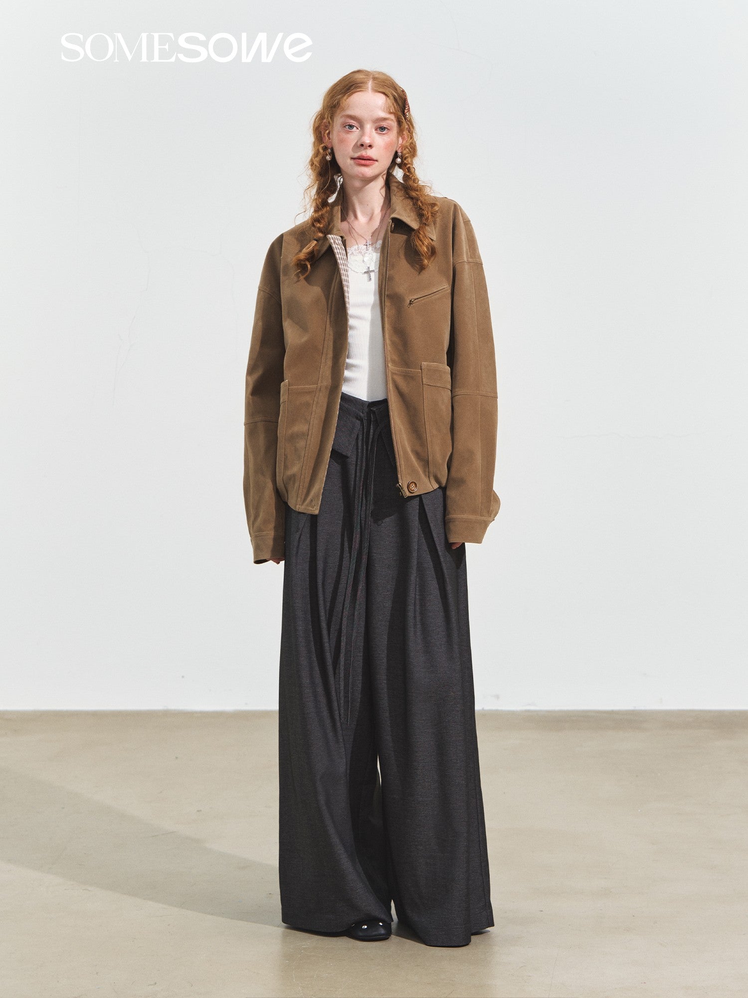 SOMESOWE Lapel Velvet Suede Oversized Jacket In Light Brown | MADAX