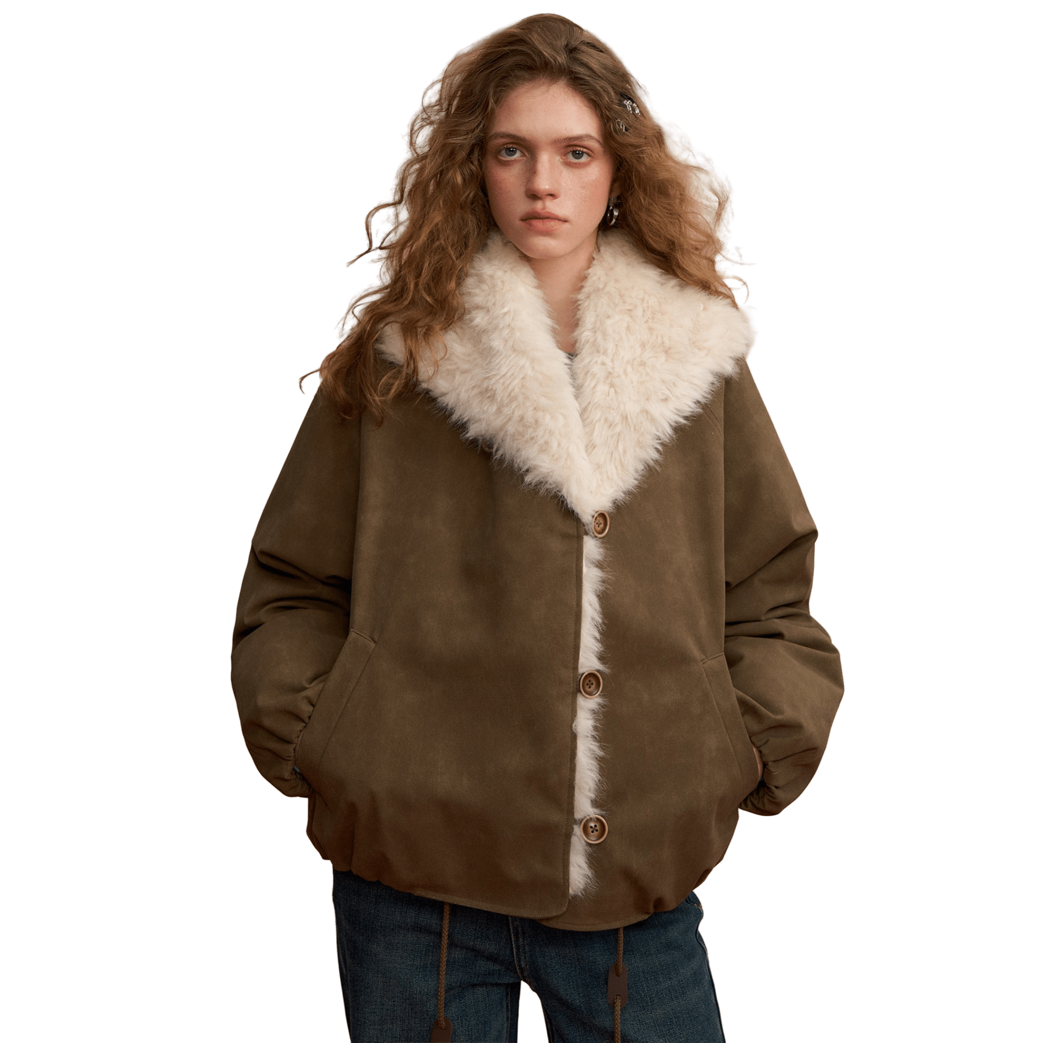 SOMESOWE Large Lapel Tulip - style Short Down Jacket in Khaki | MADAX