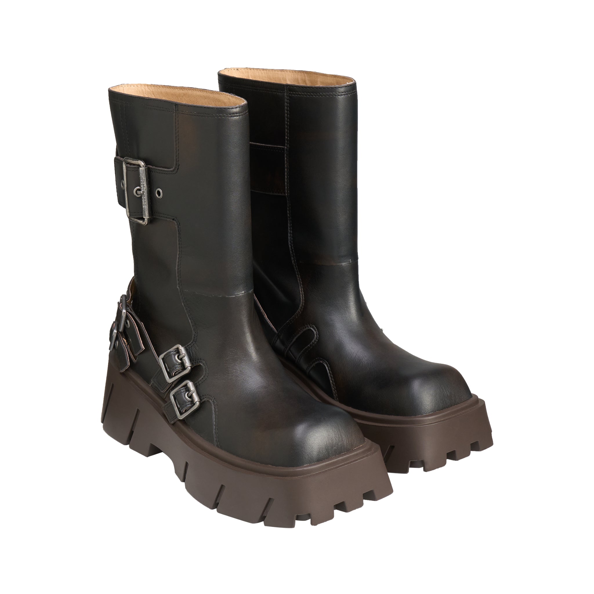 LOST IN ECHO Large Square Head Wide Cylinder Thick Soled Motorcycle Boots In Black | MADAX