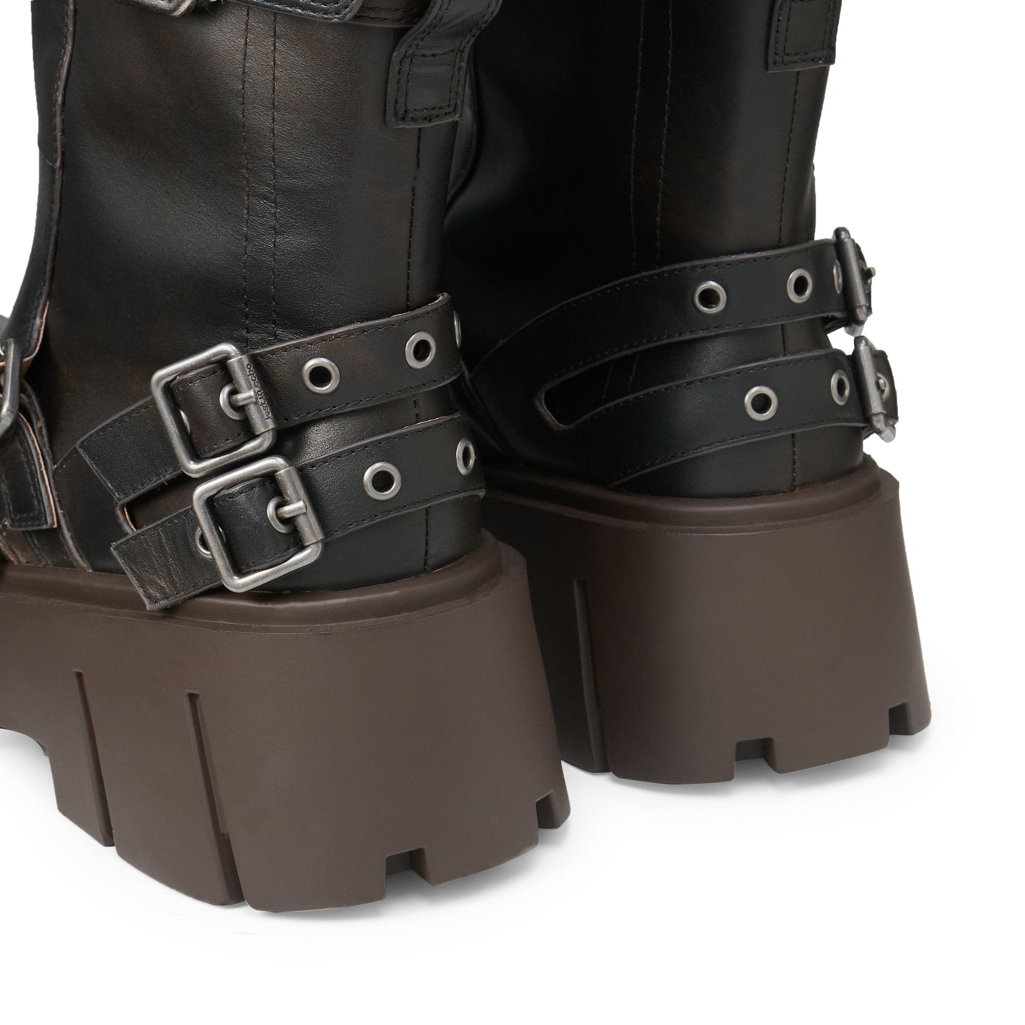 LOST IN ECHO Large Square Head Wide Cylinder Thick Soled Motorcycle Boots In Black | MADAX