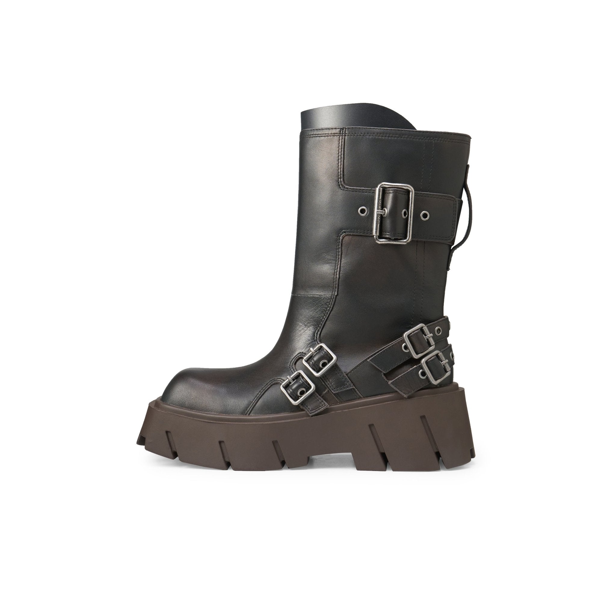 LOST IN ECHO Large Square Head Wide Cylinder Thick Soled Motorcycle Boots In Black | MADAX