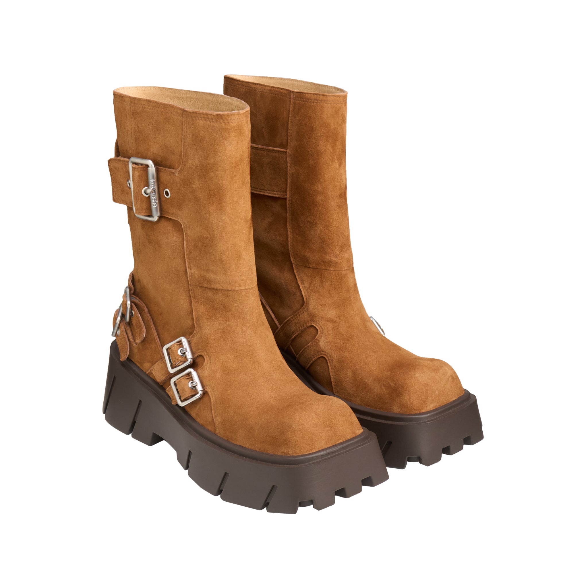 LOST IN ECHO Large Square Head Wide Cylinder Thick Soled Motorcycle Boots In Brown | MADAX