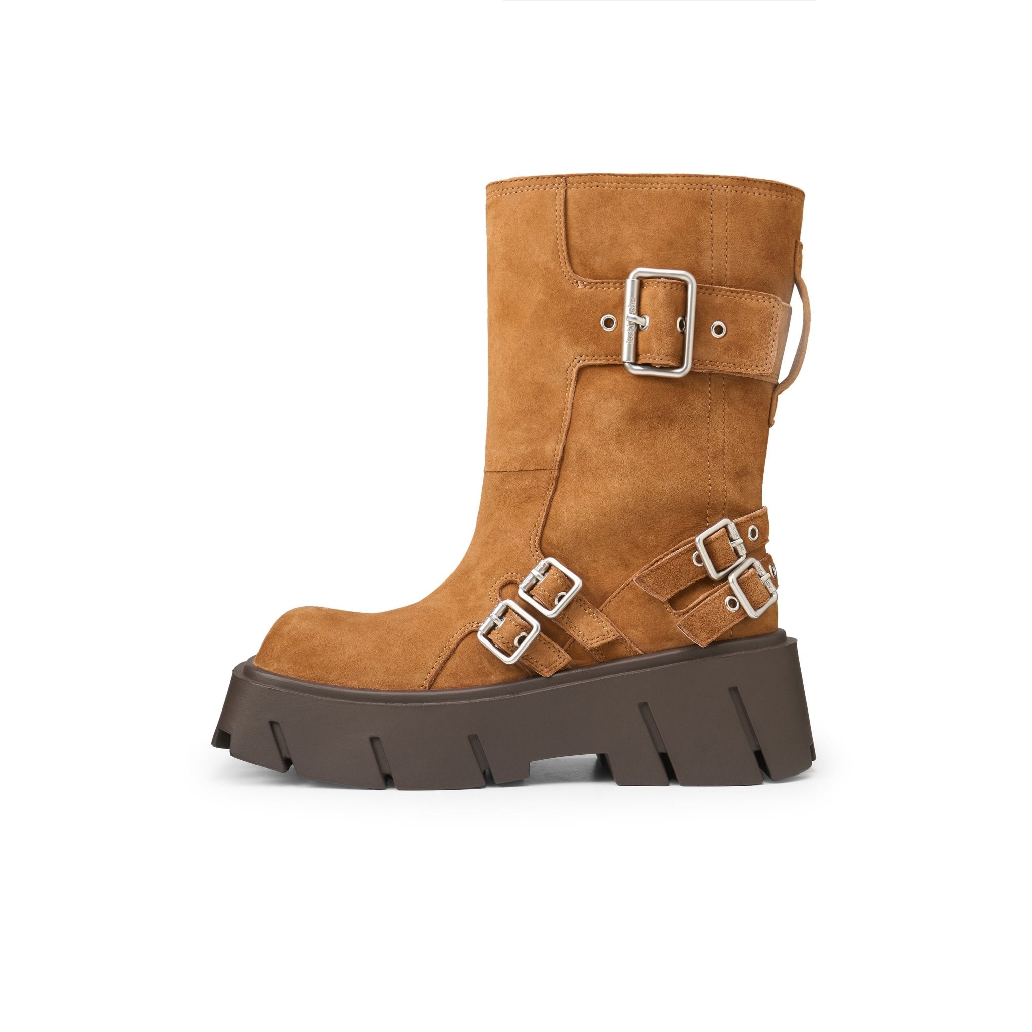 LOST IN ECHO Large Square Head Wide Cylinder Thick Soled Motorcycle Boots In Brown | MADAX