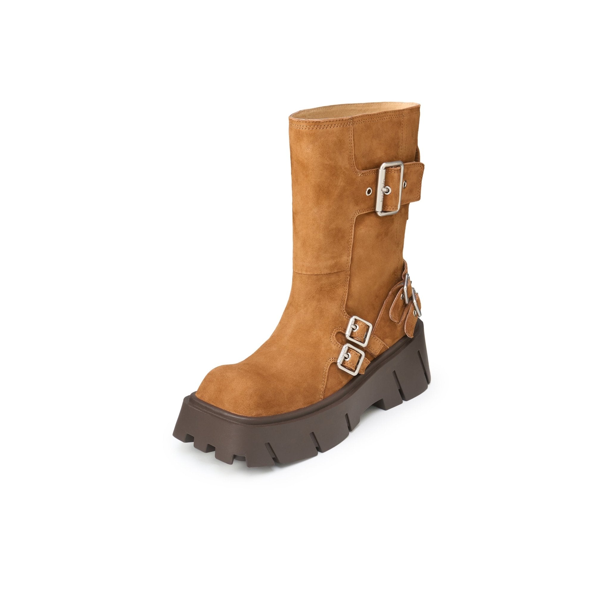 LOST IN ECHO Large Square Head Wide Cylinder Thick Soled Motorcycle Boots In Brown | MADAX