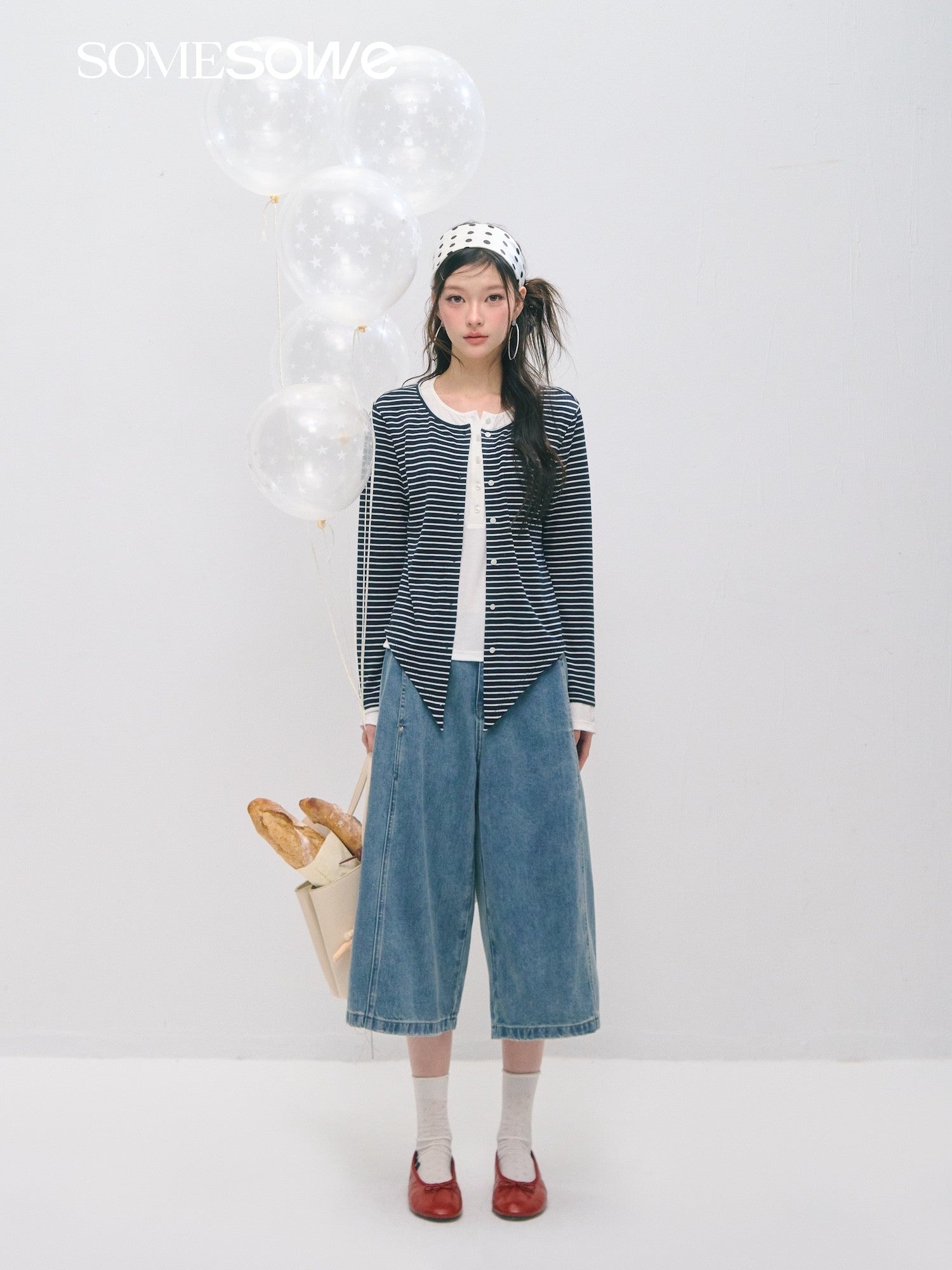 SOMESOWE Layered Faux Two - Piece Tencel Wool Long - Sleeve T-Shirt In Navy Blue and White | MADAX