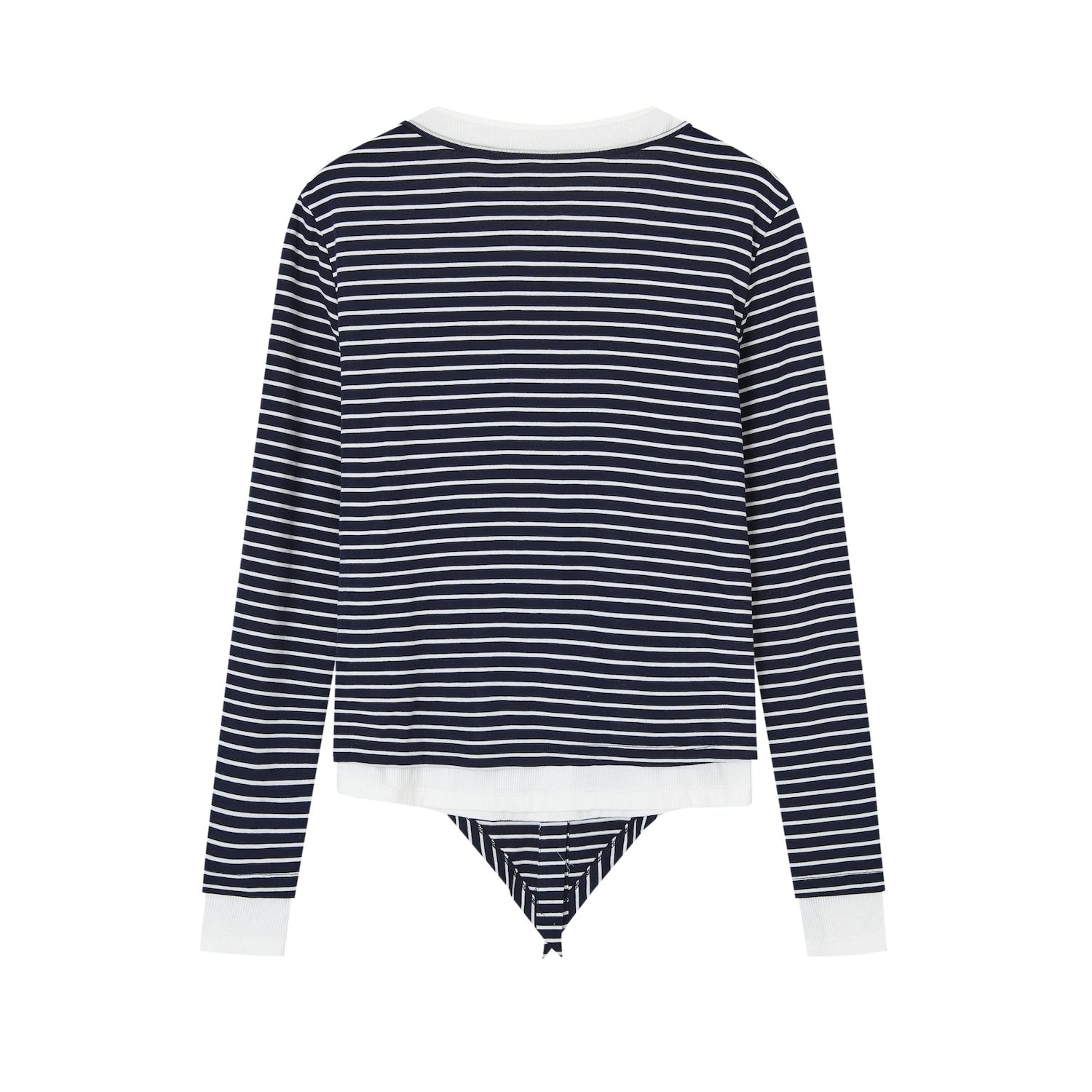 SOMESOWE Layered Faux Two - Piece Tencel Wool Long - Sleeve T-Shirt In Navy Blue and White | MADAX