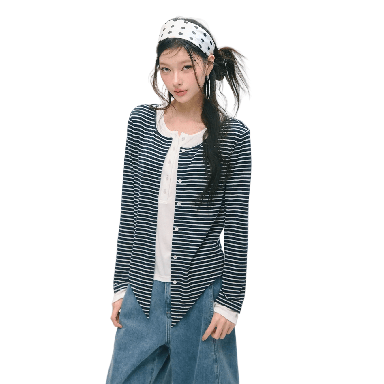 SOMESOWE Layered Faux Two - Piece Tencel Wool Long - Sleeve T-Shirt In Navy Blue and White | MADAX