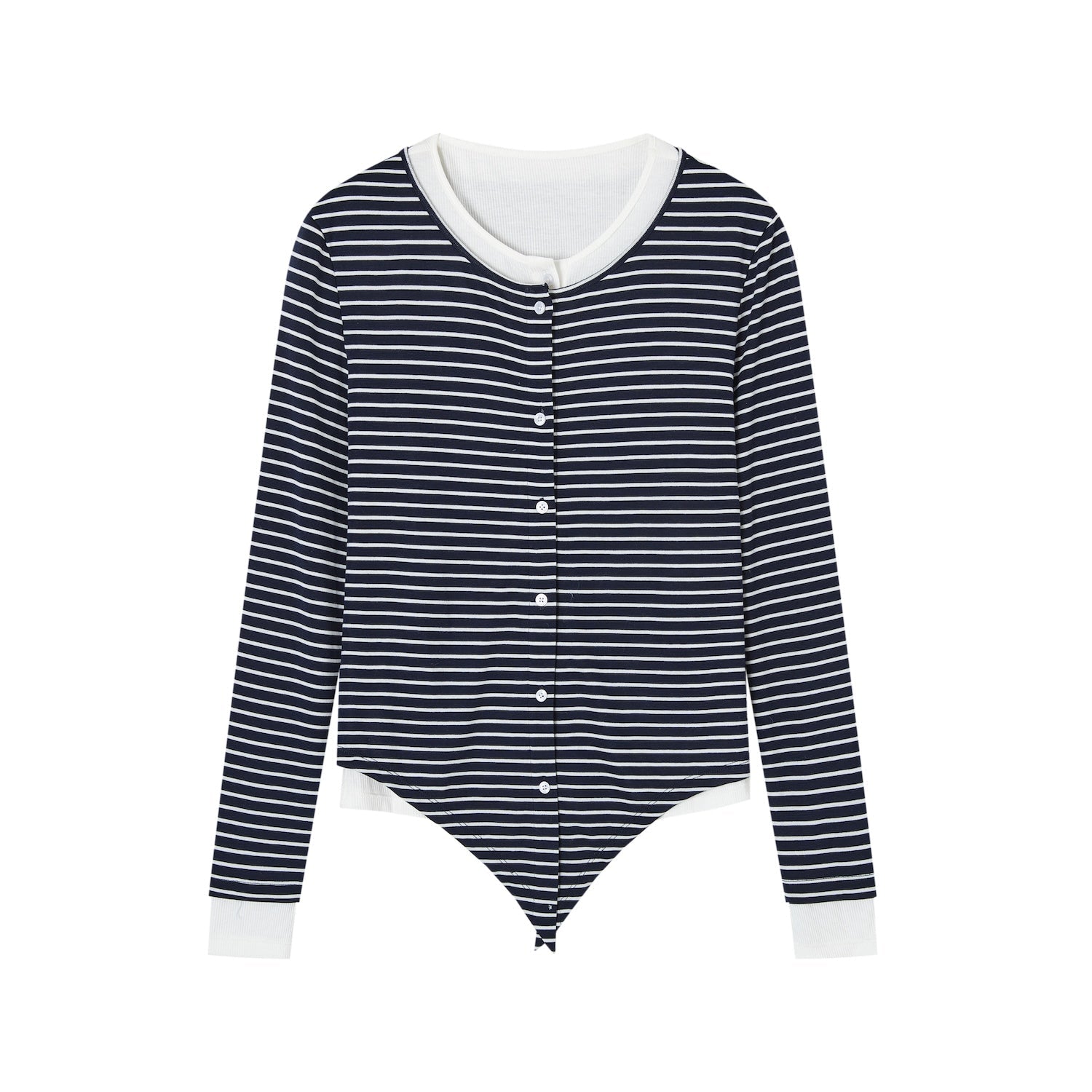SOMESOWE Layered Faux Two - Piece Tencel Wool Long - Sleeve T-Shirt In Navy Blue and White | MADAX