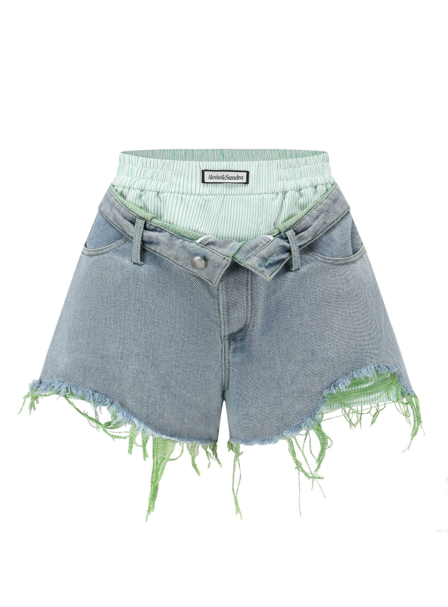 Alexia Sandra Layered Waist Denim Shorts in Blue | MADA IN CHINA