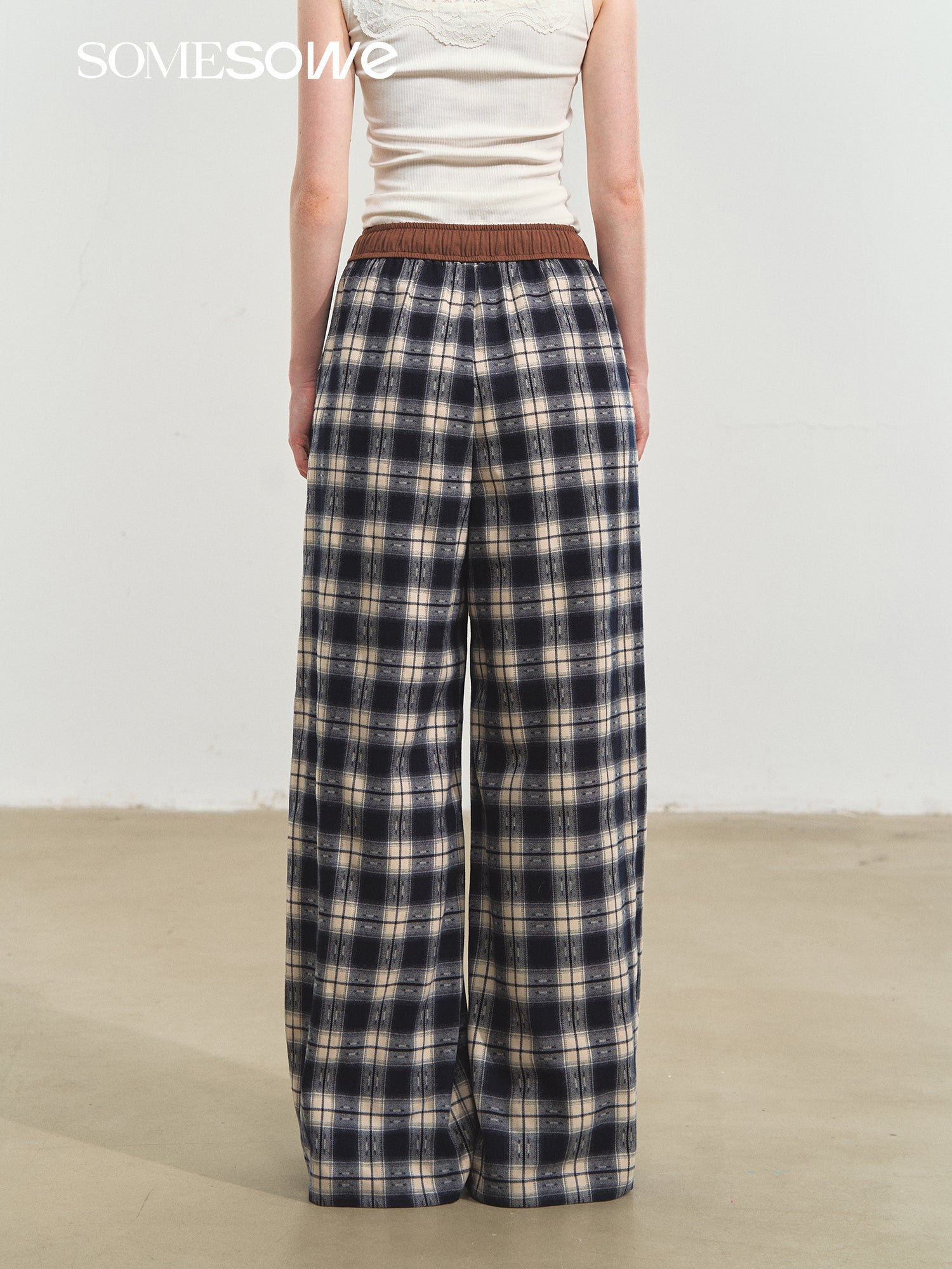 SOMESOWE Lazy Plaid Wide - leg Casual Pants In Blue And White | MADAX