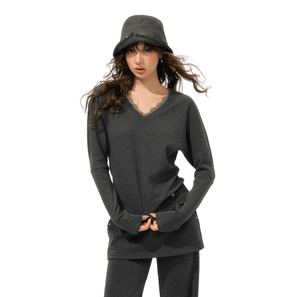 SOMESOWE Lazy Style Bat Sleeve V - neck Top In Dark Gray | MADAX