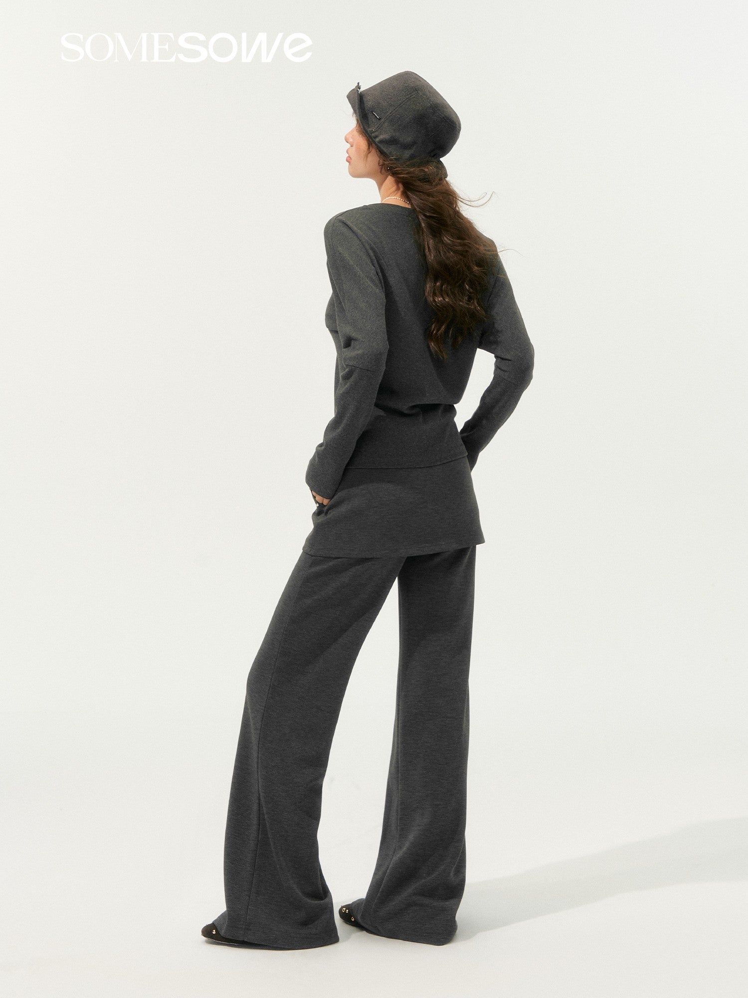 SOMESOWE Lazy Style Bat Sleeve V - neck Top In Dark Gray | MADAX