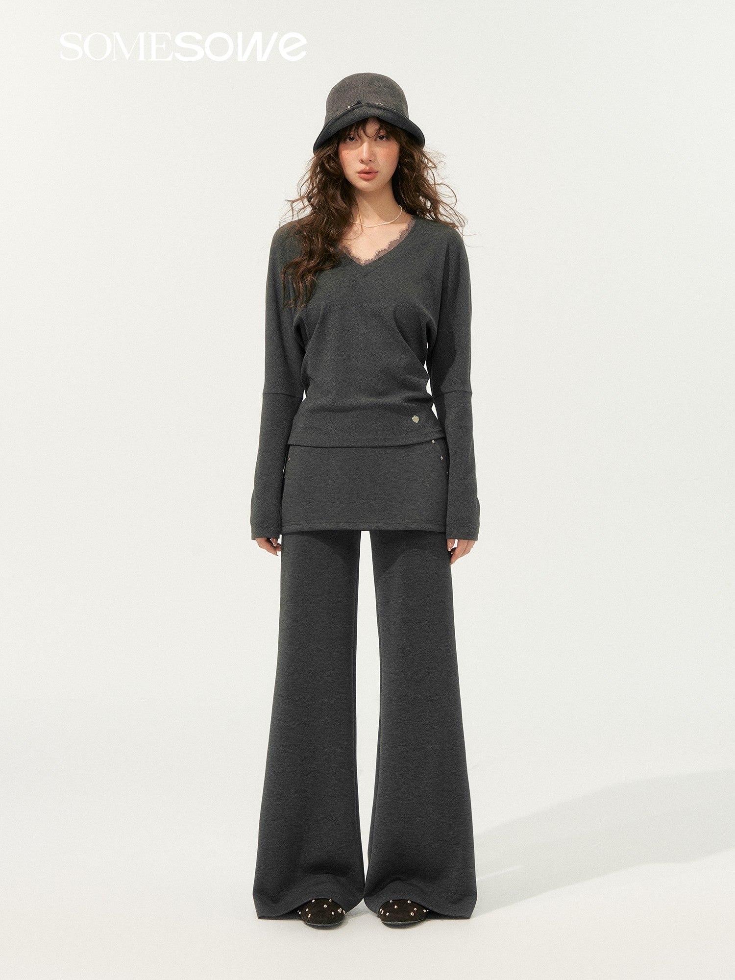 SOMESOWE Lazy Style Bat Sleeve V - neck Top In Dark Gray | MADAX