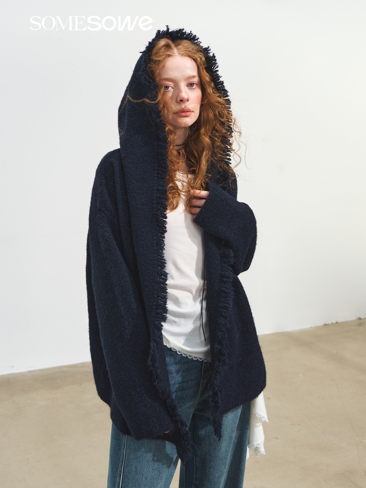 SOMESOWE Lazy Style Tassel Hooded Cardigan In Navy Blue | MADAX