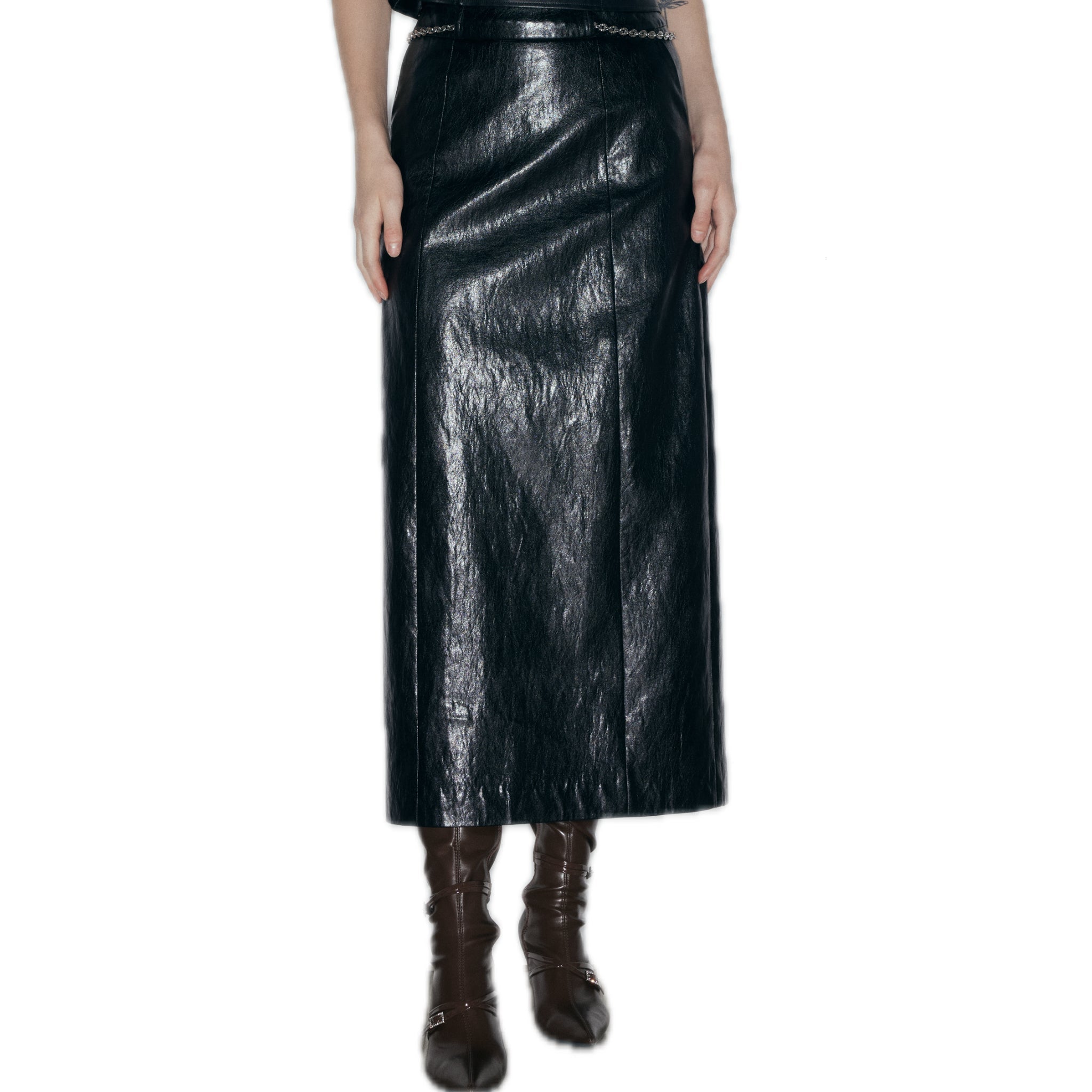 NECESSARY ANANKE Leather Midi Skirt In Black | MADAX