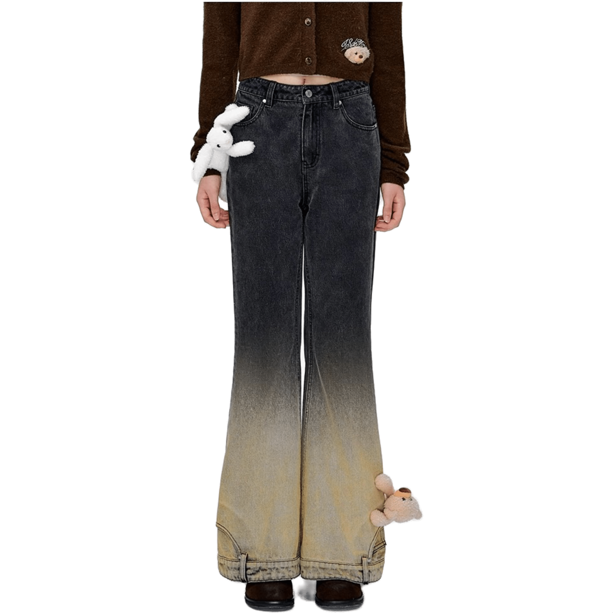 13DE MARZO Leg Hugging Doll Inverted Denim Flared Pants in Black | MADAX