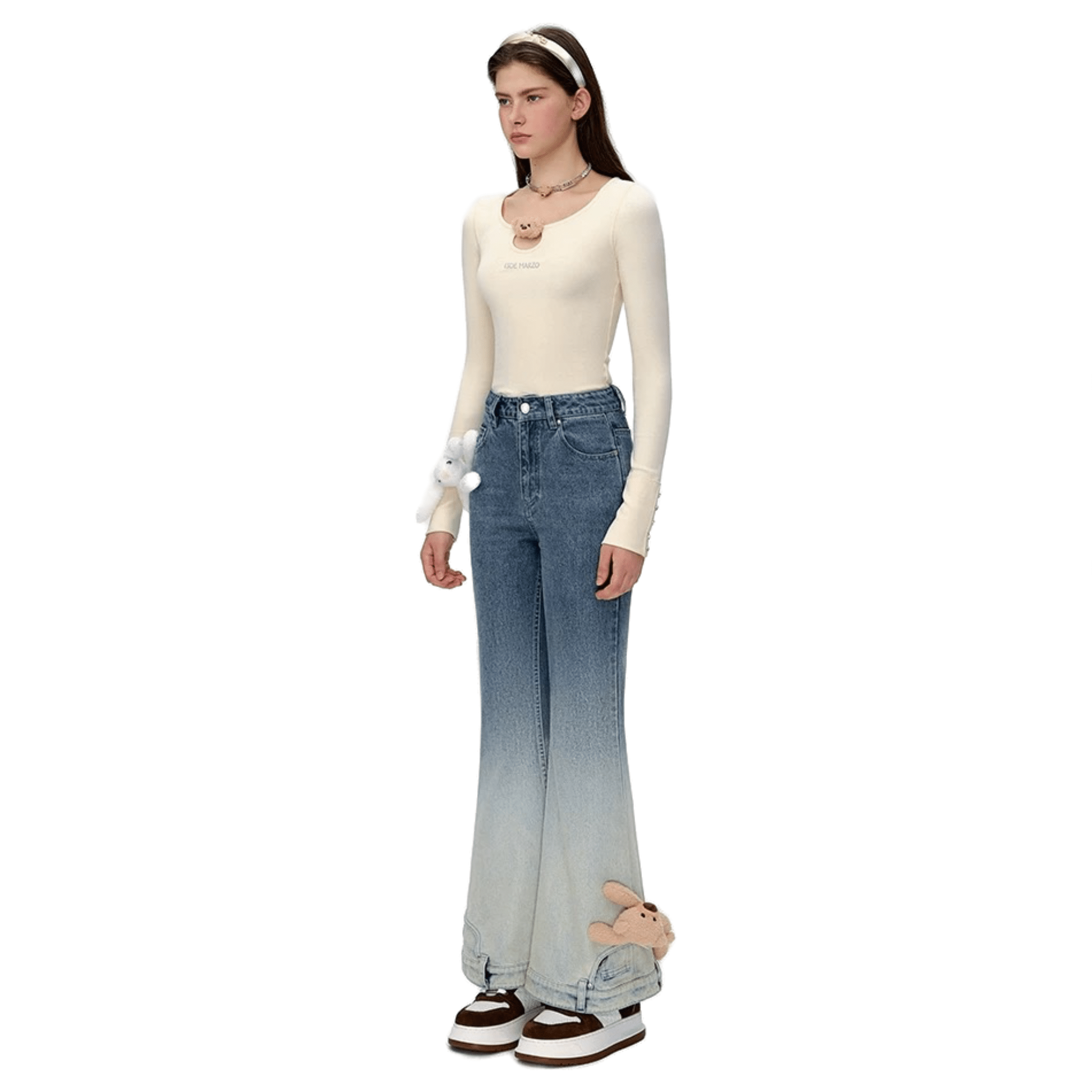 13DE MARZO Leg Hugging Doll Inverted Denim Flared Pants in Blue | MADAX