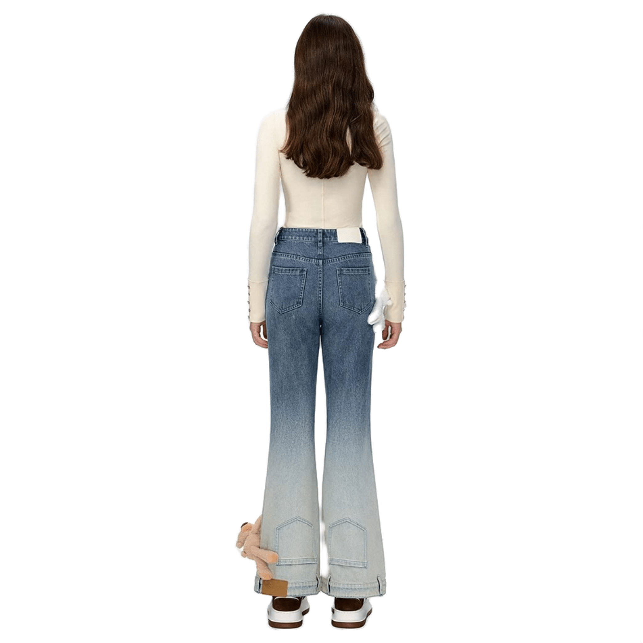 13DE MARZO Leg Hugging Doll Inverted Denim Flared Pants in Blue | MADAX