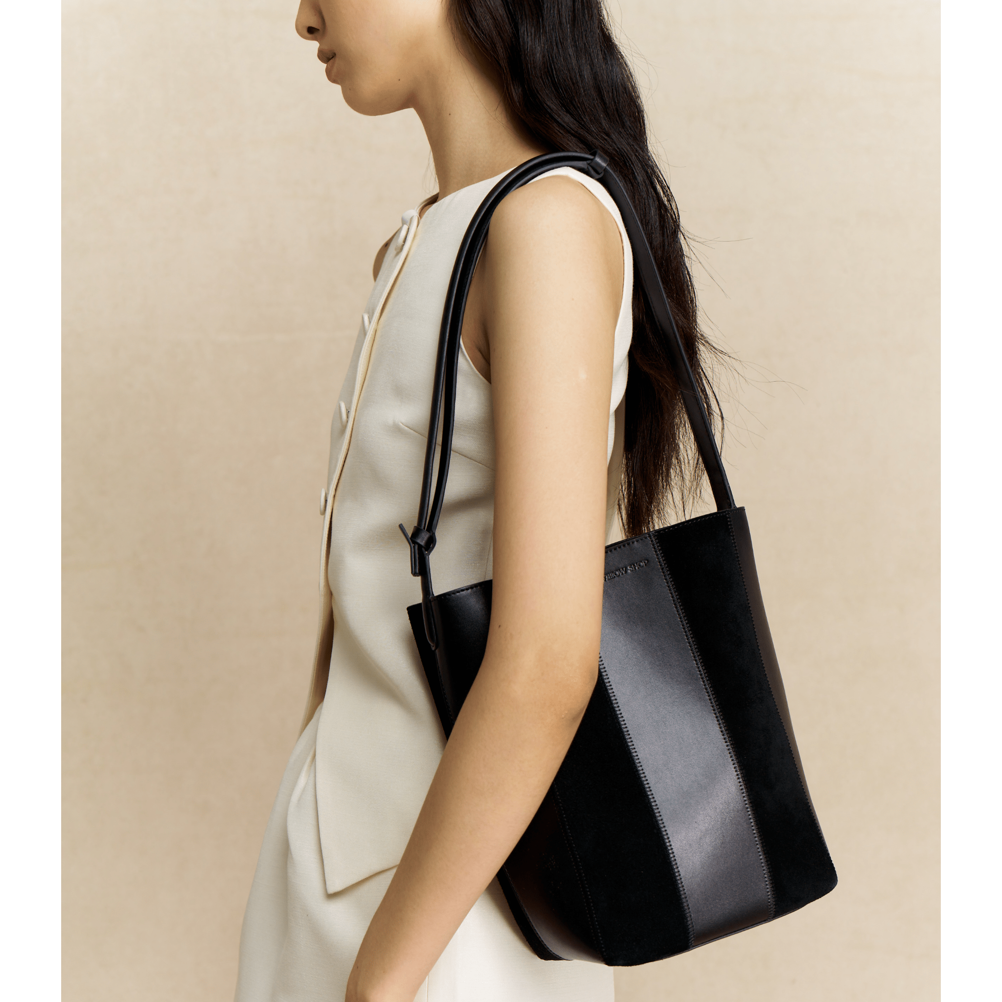 The Yellow Shop Lene Tote Bag Striped Bucket Tote Bag in Black | MADAX