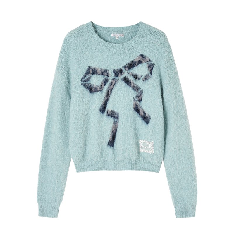 SOMESOWE Leopard Print Bow Crew Neck Sweater In Blue | MADAX