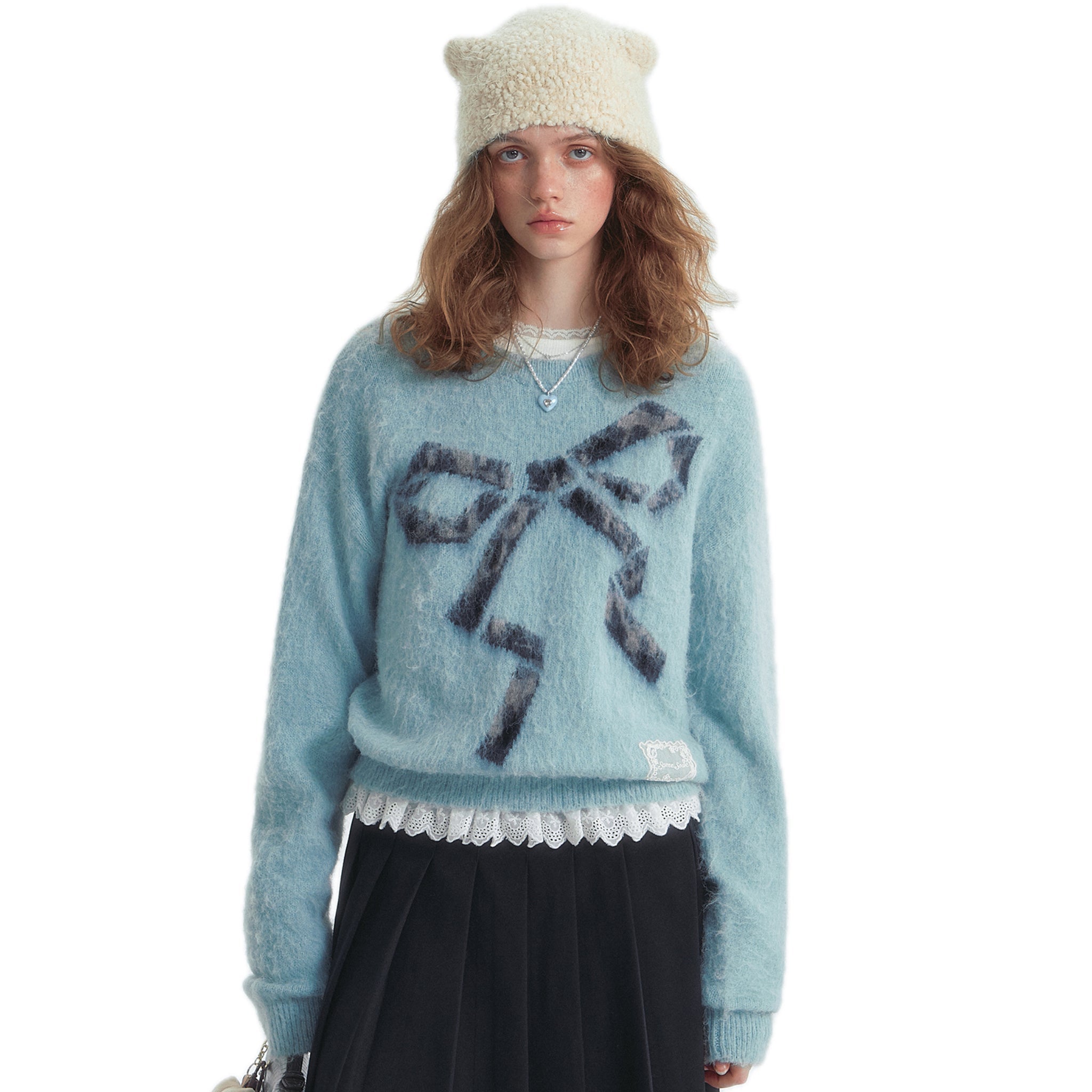 SOMESOWE Leopard Print Bow Crew Neck Sweater In Blue | MADAX