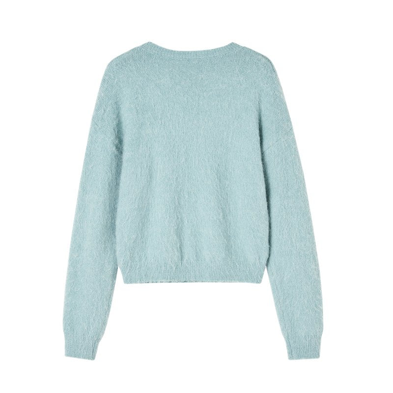 SOMESOWE Leopard Print Bow Crew Neck Sweater In Blue | MADAX