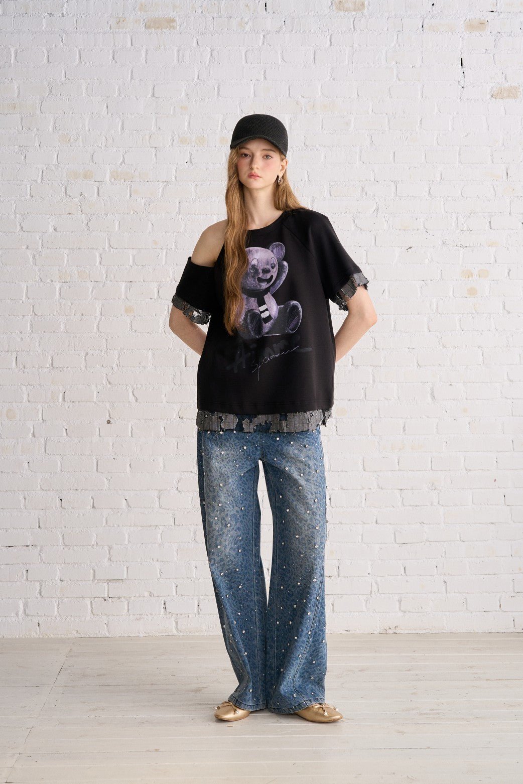 AIMME SPARROW Leopard Print Rhinestone Jeans In Blue | MADAX