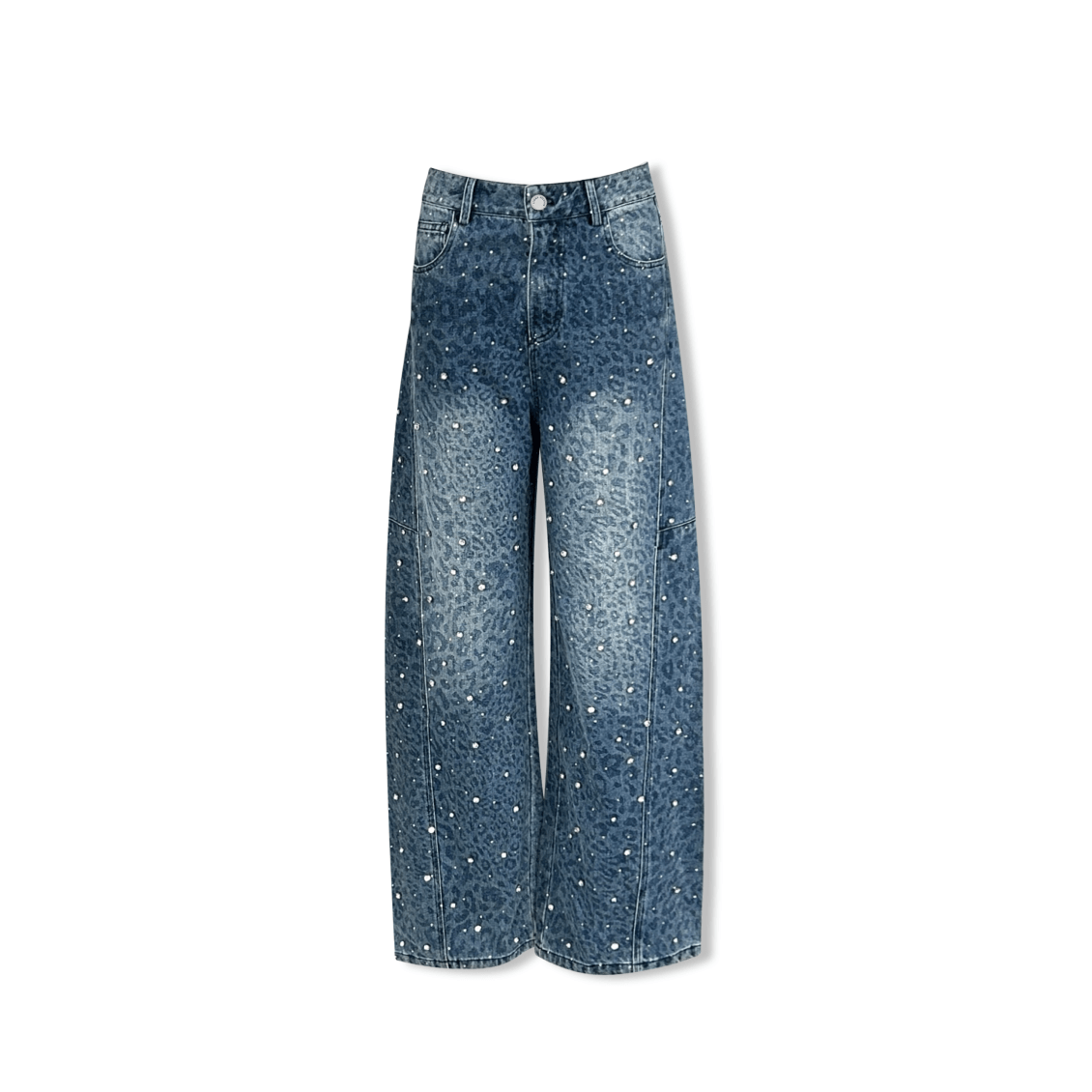AIMME SPARROW Leopard Print Rhinestone Jeans In Blue | MADAX